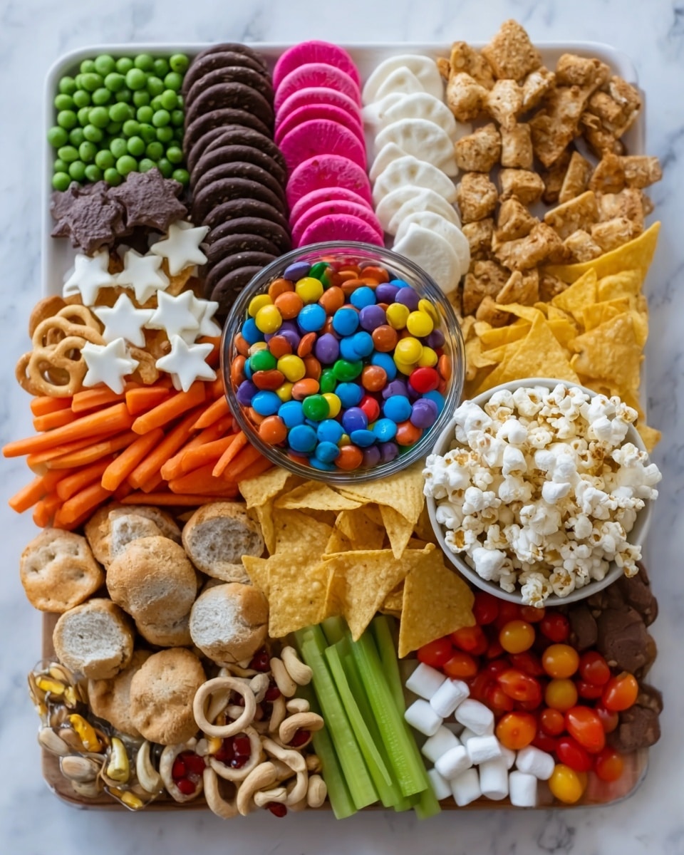 The image shows a large white plate filled with many colorful snack layers arranged neatly. Starting from the top left, there are green peas, round pink crackers, and dark brown cookies. Below them, white star-shaped cookies, bright orange carrot sticks, and yellow tortilla chips set the middle layer. In the center, there is a clear round bowl filled with colorful candy-coated chocolates, surrounded by small pretzels and light beige round crackers. To the right, a white bowl full of popcorn sits on the plate's edge, near green celery sticks and small orange carrot circles. Cherry tomatoes, brown nuts, small golden bread rolls, and white mini marshmallows fill out the bottom part of the plate. The entire plate rests on a smooth white marbled surface. Photo taken with an iphone --ar 4:5 --v 7