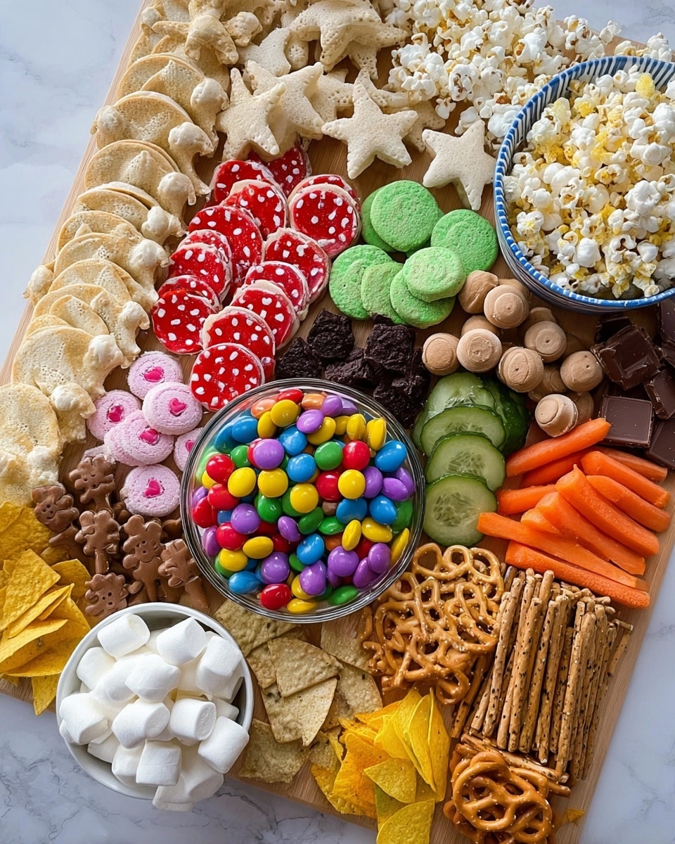 A large board filled with many colorful and different snacks arranged in groups. On the left side, there are star-shaped white bread pieces stacked in two layers, next to green round candies, and rows of red and white chocolate discs with spots, dark chocolate discs, and pink ring-shaped dipped cookies. Next to them are round cookies with heart-shaped centers, golden chocolate coins, and several small pretzels scattered around. A white bowl with blue stripes holds popcorn on the top right. Below the popcorn, there are sliced cucumbers and some round, light brown small sausages. Toward the center, a clear glass bowl is filled with round colorful candy-coated chocolates in many colors like purple, yellow, orange, and green. Around it are small gingerbread man cookies, carrot sticks stacked, yellow triangular tortilla chips, round cookies with sugar powder, and small tomato clusters still on the vine. At the bottom left, a white bowl holds white marshmallows, with more pretzels and chocolate-covered sticks nearby. The whole spread is on a light wooden board over a white marbled surface. Photo taken with an iphone --ar 4:5 --v 7