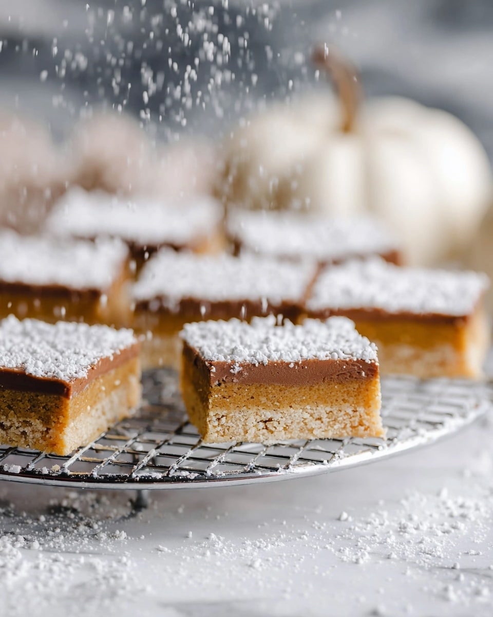 The image shows several square dessert bars arranged on a round cooling rack. Each bar has two layers: the bottom layer is light beige with a crumbly texture, and the top layer is a smooth, rich brown color. A generous dusting of white powdered sugar covers the top of every bar, with some of the sugar falling gently from above, creating a soft snowy effect. The cooling rack sits on a white marbled surface sprinkled with powdered sugar. In the background, a white pumpkin adds a subtle decorative touch, softly blurred behind the dessert bars. photo taken with an iphone --ar 4:5 --v 7