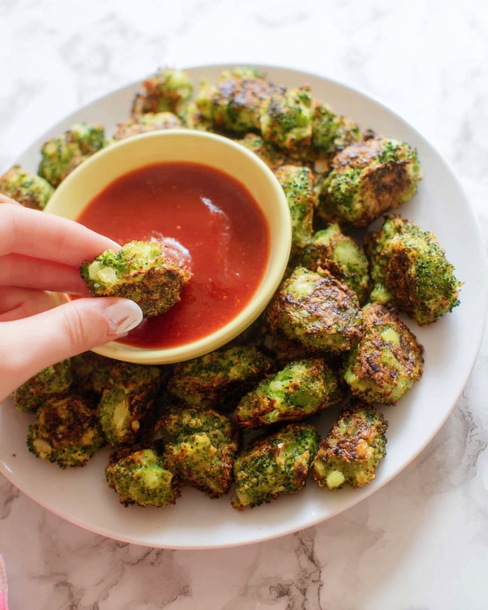 A white plate holds many small, green, irregularly shaped broccoli bites with a crispy outer texture, some showing brown roasting spots. In the center sits a small, round, pale yellow bowl filled with red dipping sauce. A woman's hand is dipping one broccoli bite into the sauce. The background is a white marbled texture. photo taken with an iphone --ar 4:5 --v 7