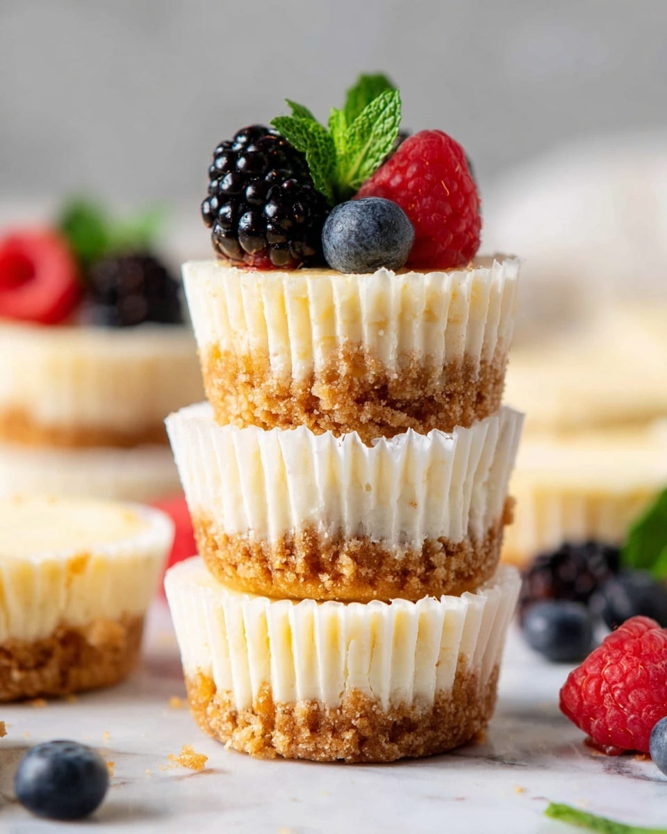 The image shows a stack of three mini cheesecakes placed directly on a white marbled surface, each with two visible layers. The bottom layer is a crumbly, golden-brown graham cracker crust with a rough texture, while the top layer is a creamy, pale yellow cheesecake with a smooth and slightly fluffy texture. At the very top of the stack, there are three fresh berries: a large glossy black blackberry, a bright red raspberry, and a smaller dark blue blueberry, along with a small fresh green mint leaf. The cheesecakes are contained in white ridged paper liners that are slightly opened and creased. In the blurry background, more cheesecakes and scattered berries can be seen. photo taken with an iphone --ar 4:5 --v 7