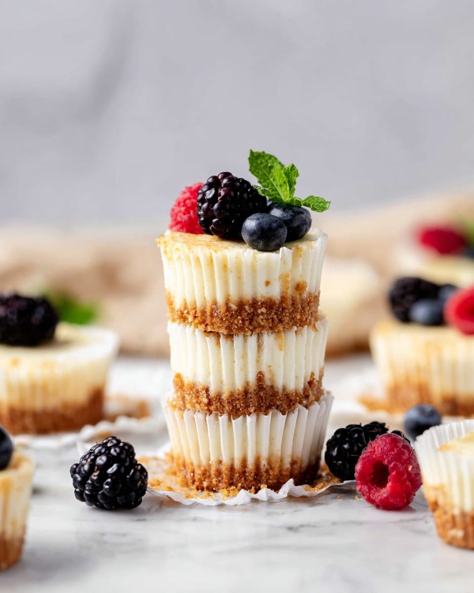 A stack of three mini cheesecakes sits in the center, each cheesecake having a creamy white top layer and a golden brown crumbly crust at the bottom. On top of the tallest cheesecake, there are fresh blackberries, a raspberry, and a blueberry, along with a small green mint leaf. The cheesecakes are placed in white cupcake liners that are slightly opened, showing the texture of the crust and creamy filling. Around the stack, there are more mini cheesecakes and loose blackberries and raspberries scattered on a white marbled surface, creating a clean and bright background. photo taken with an iphone --ar 4:5 --v 7
