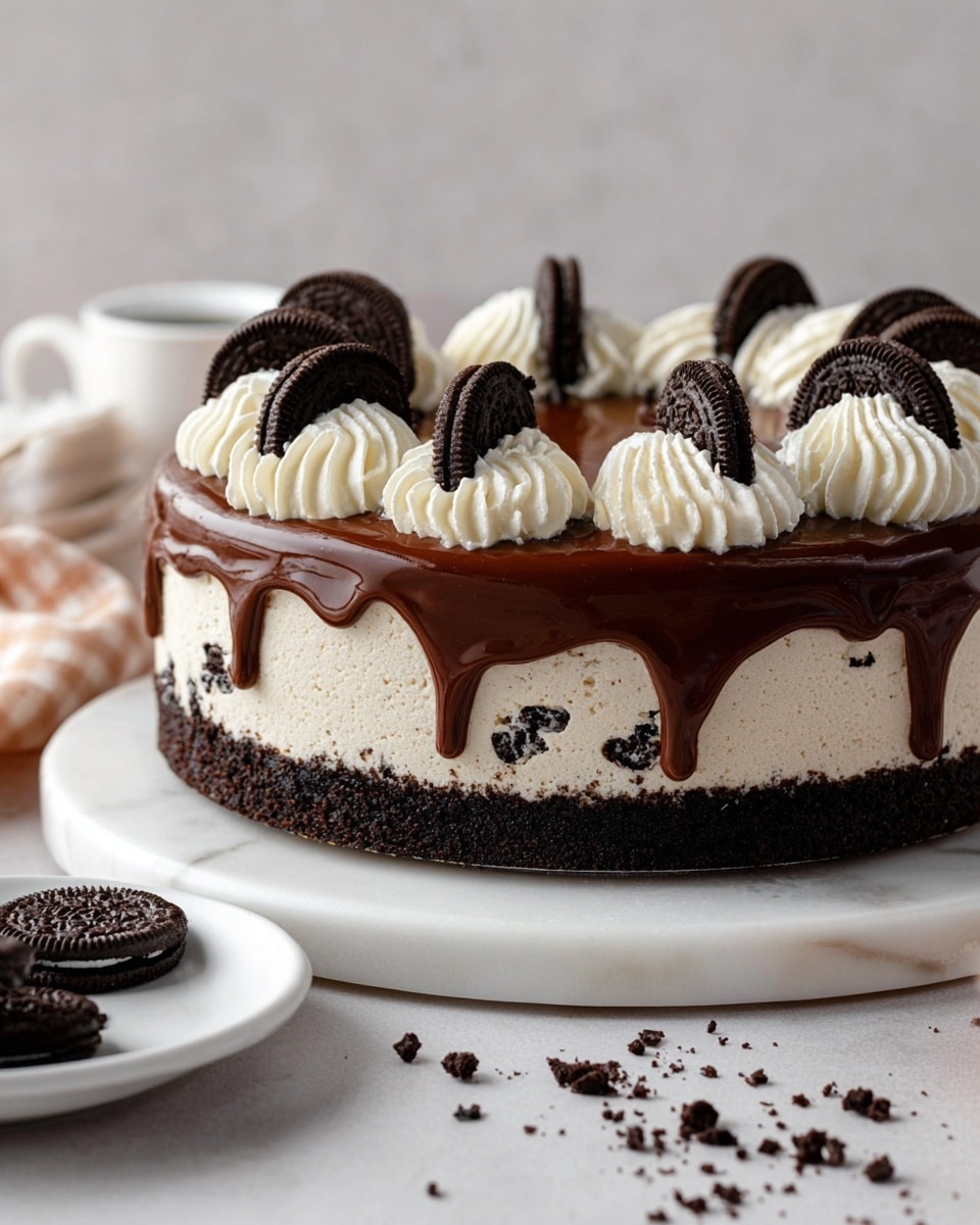 The image shows a three-layer chocolate dessert on a white marbled board. The bottom layer is a thick, dense dark chocolate crust with a crumbly texture. Above this is a creamy white layer with dark cookie bits mixed inside, smooth and soft in appearance. On top of that is a shiny, dark chocolate ganache that drips slightly down the sides. The topmost layer is a ring of fluffy white whipped cream piped in swirls, each swirl topped with a small dark chocolate sandwich cookie half. A few crumbs and cookies are scattered around the board and on a white plate nearby. photo taken with an iphone --ar 4:5 --v 7