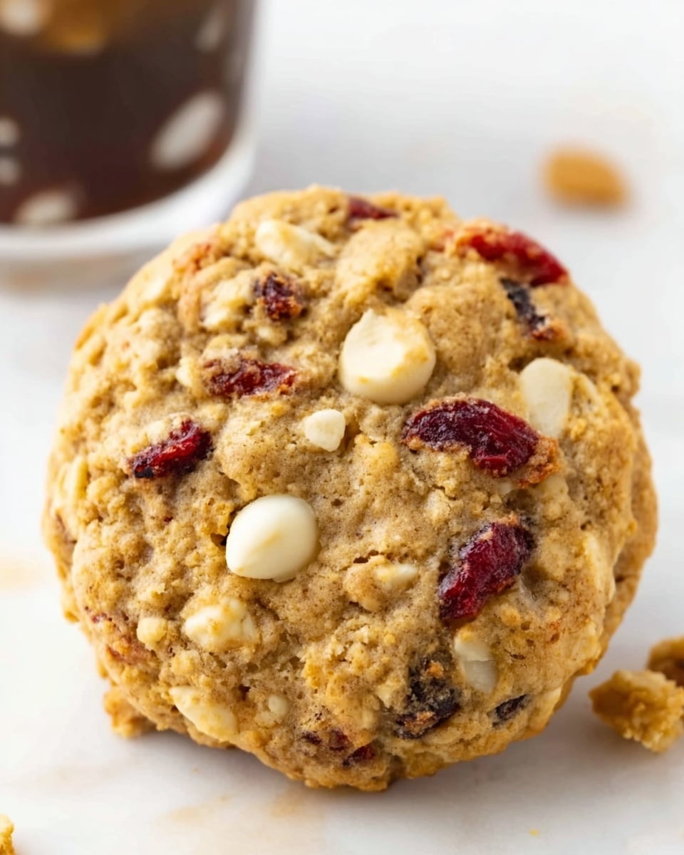 A close-up view of a round, thick cookie with a rough texture showing visible oats, white chocolate chips, and red dried fruit pieces mixed throughout. The cookie's surface looks slightly crinkled and soft with a golden-brown color, resting on a white marbled surface with a few crumbs around it. In the background, there is a blurred image of a glass filled with a dark drink with white specks, adding context but not taking focus from the cookie. Photo taken with an iphone --ar 4:5 --v 7