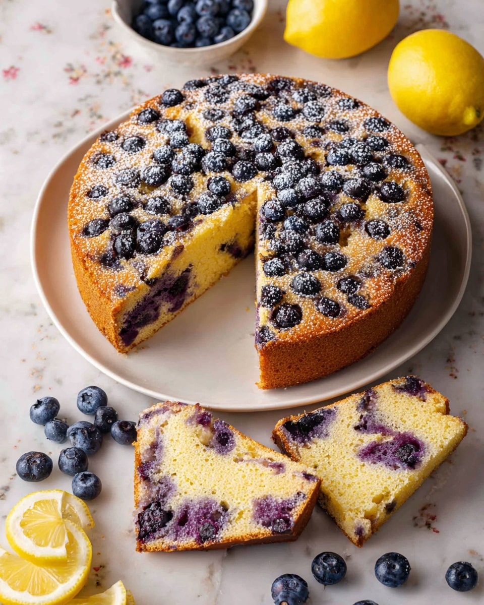 Three thick rectangular slices of blueberry cake are stacked on a white plate with a soft, beige rim, placed on a white marbled surface. Each cake slice shows a moist, light yellow crumb with scattered juicy, dark purple blueberries throughout. The top edges have a slightly golden brown crust, and bursts of blueberry juice create a marbled purple pattern inside the cake. The background is softly blurred with light, neutral tones highlighting the cake's colors. Photo taken with an iphone --ar 4:5 --v 7