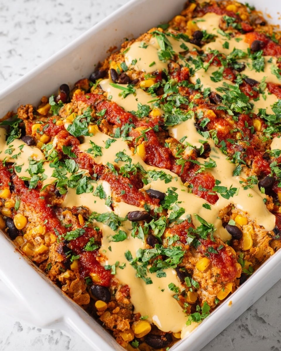 A white rectangular dish filled with a layered casserole. The base layer is a crumbly, cooked ground mixture with a warm brown color, mixed with bright yellow corn kernels and scattered black beans. On top, patches of smooth, creamy pale yellow sauce are spread unevenly, alongside spots of chunky red tomato sauce. The whole dish is sprinkled with fresh, chopped green herbs, adding a fresh, vibrant contrast to the warm colors beneath. The dish sits on a white marbled surface. photo taken with an iphone --ar 4:5 --v 7