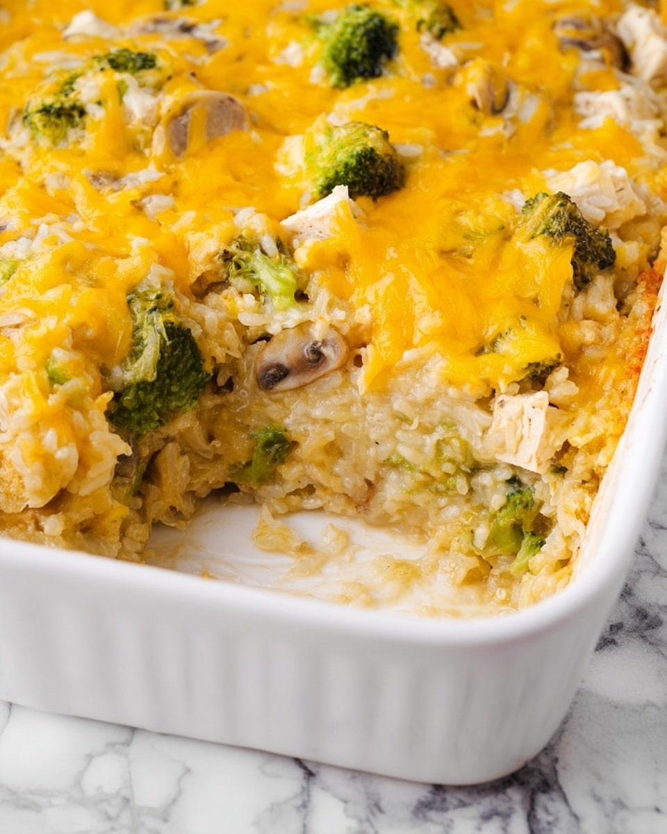 This image shows a white rectangular baking dish containing a creamy casserole with three visible layers. The bottom layer is a golden, slightly crispy crust. The middle layer is thick and creamy with mixed textures, including cooked rice and small pieces of green broccoli and mushrooms. The top layer is covered with melted bright yellow cheddar cheese, with chunks of white tofu or chicken peeking through. A portion of the casserole has been scooped out, revealing the layers clearly. The background is a white marbled surface. photo taken with an iphone --ar 4:5 --v 7