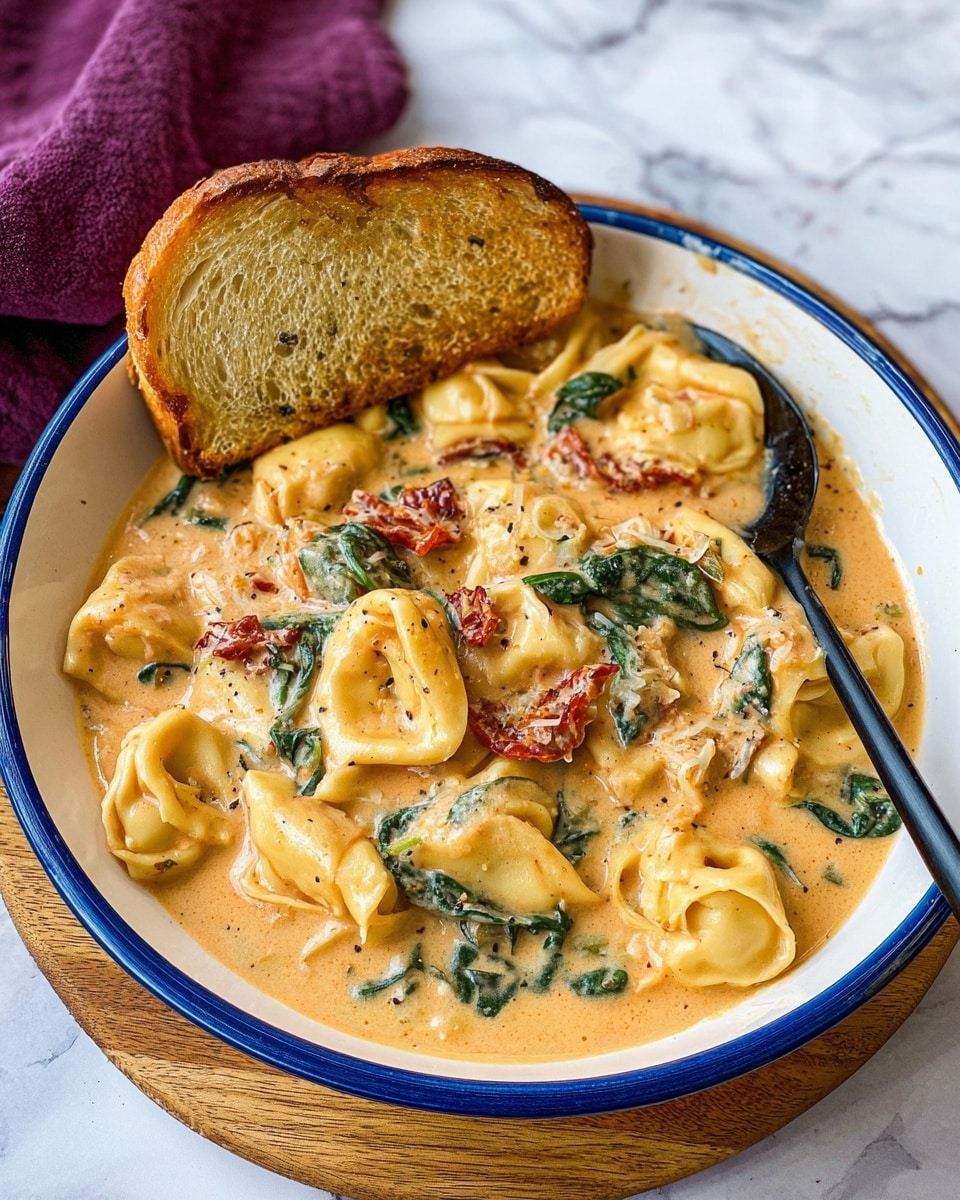 A white bowl with a blue rim holds a creamy pasta dish with three main layers: a light orange creamy sauce as the base, large pieces of tortellini pasta in a pale yellow color mixed throughout, and pieces of green spinach and red sun-dried tomatoes scattered on top. The pasta and vegetables are thickly coated in the smooth sauce. On one edge of the bowl, a slice of toasted bread with a golden brown crust rests partially dipped in the sauce. A dark spoon is partially submerged in the dish on the right side. The bowl sits on a wooden board over a white marbled surface, with a purple cloth partially visible in the background. photo taken with an iphone --ar 4:5 --v 7