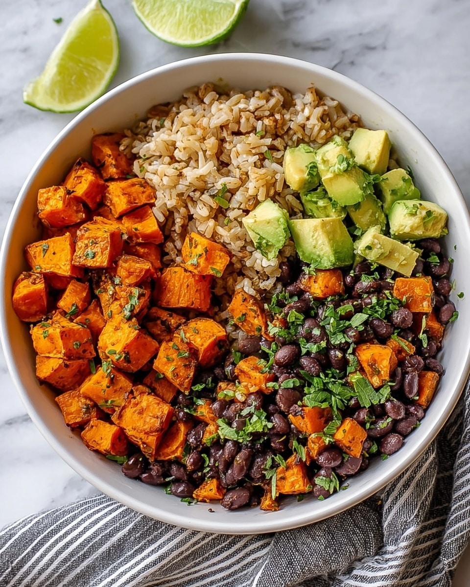 A white bowl filled with three main parts: on the left side, bright orange roasted sweet potato cubes with a light sprinkle of green herbs; on the right side, a mix of brown rice and black beans with orange sweet potato bits scattered throughout; in the center, a small pile of light green avocado cubes topped with chopped green herbs and a half lime with pale green flesh sitting beside the avocado. The bowl is placed on a white marbled surface with a striped gray and white cloth nearby. Photo taken with an iphone --ar 4:5 --v 7