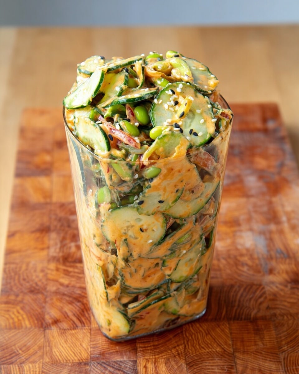 A tall, clear glass is filled fully with a creamy salad containing thinly sliced green cucumbers, small pieces of edamame, and thin strips of other vegetables coated in an orange-tinted sauce with black sesame seeds scattered throughout. The salad is overflowing slightly at the top, showing a mix of textures and colors, with the sauce thick enough to cling to the sides of the glass. The glass is placed on a wooden textured cutting board. Photo taken with an iphone --ar 4:5 --v 7