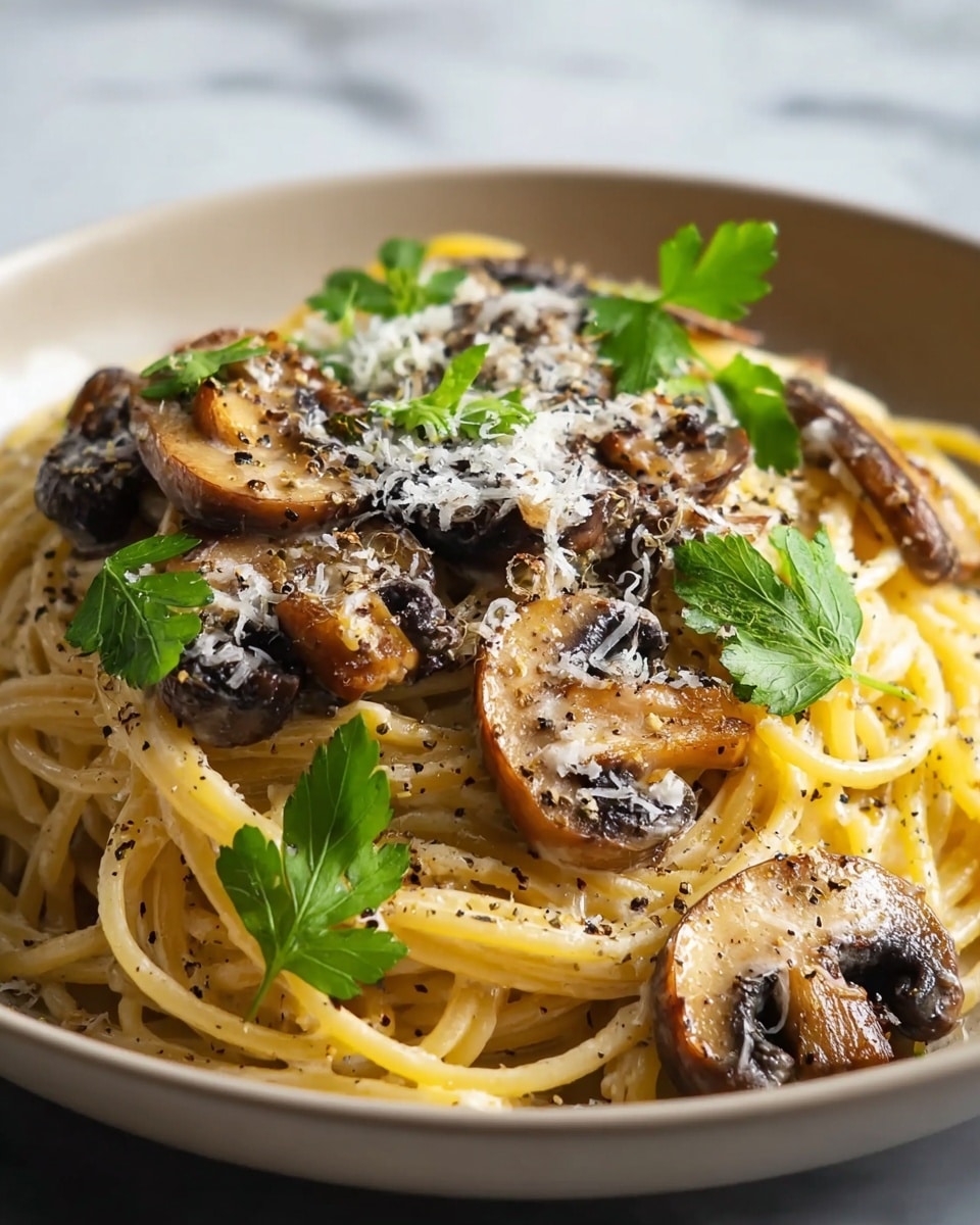 A close-up view of a plate of spaghetti pasta in a white bowl, showing about three layers of long, yellow noodles lightly coated with a creamy sauce at the bottom and middle layers. On top of the pasta, there are several grilled mushroom slices with a brown and slightly charred texture, scattered evenly. Fresh green parsley leaves are placed on the very top, adding a touch of color, along with a sprinkle of grated white cheese and coarse black pepper over the entire dish. The background is a white marbled texture. Photo taken with an iphone --ar 4:5 --v 7