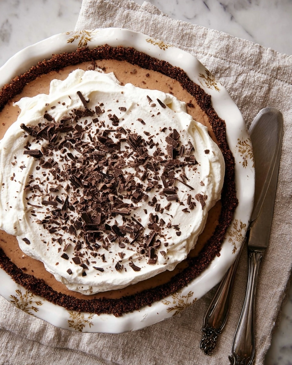 A dessert pie with three visible layers is shown from above. The bottom crust is dark brown and crumbly with a nutty texture, forming a thick border around the pie. The middle layer inside the crust is smooth and light brown, looking creamy. The top layer is bright white whipped cream spread thickly and unevenly over the brown layer, sprinkled generously with small and medium-sized dark chocolate shavings. The pie rests on a round white plate with a delicate gold pattern around the edge, placed on a textured beige cloth, beside two ornate silver knives. The background is a white marbled surface. photo taken with an iphone --ar 4:5 --v 7