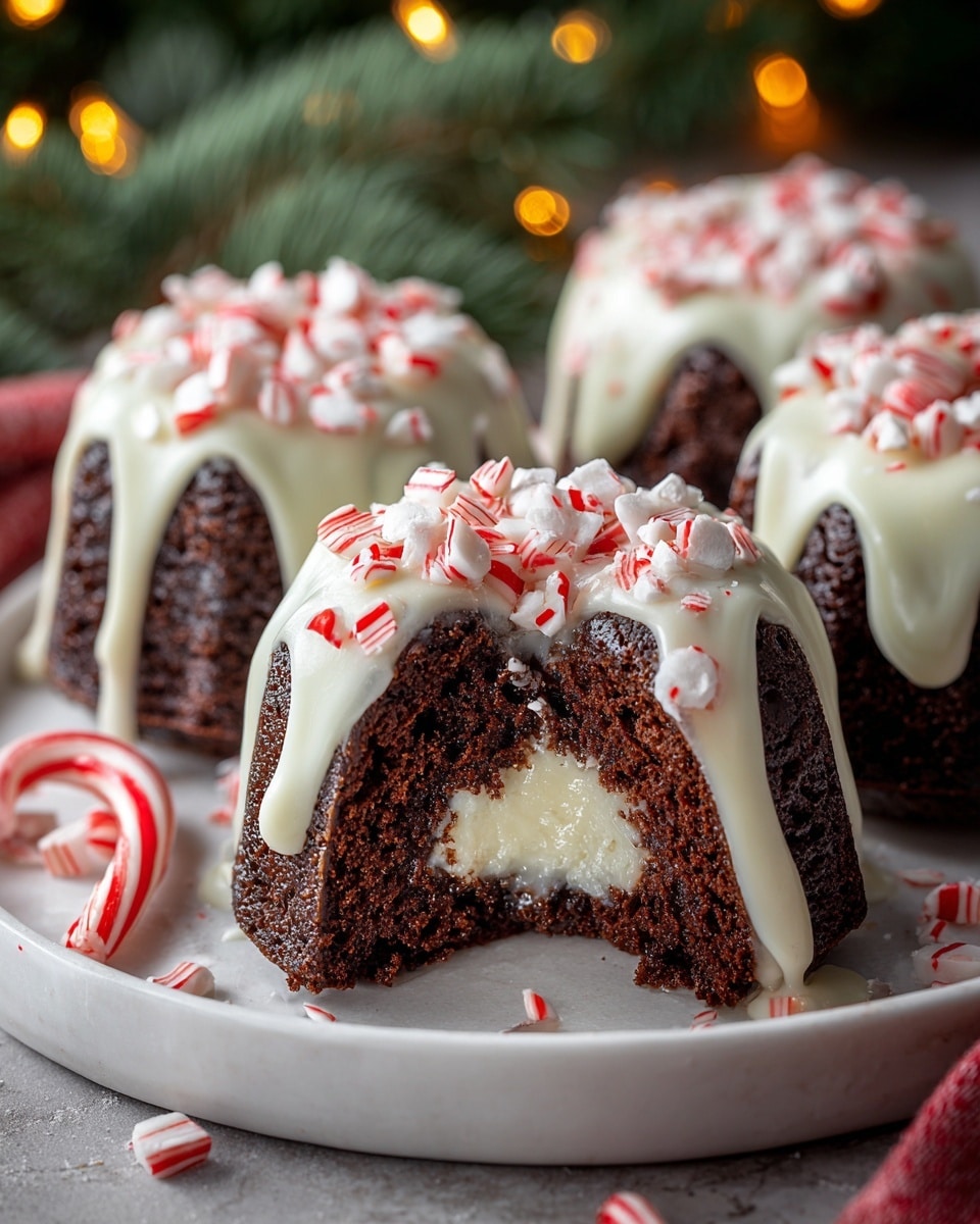 The image shows several chocolate bundt cakes arranged on a white plate with a white marbled texture background. Each cake has a smooth dark brown base layer with a moist texture. They are topped with white chocolate that drips down the sides in thick, glossy layers. On top of the white chocolate are scattered crushed peppermint candies with red and white stripes. One cake is cut in half, revealing a creamy white filling in the center that contrasts with the dark chocolate cake. The scene includes blurred green pine branches and warm yellow lights in the background, adding a festive mood. Photo taken with an iphone --ar 4:5 --v 7