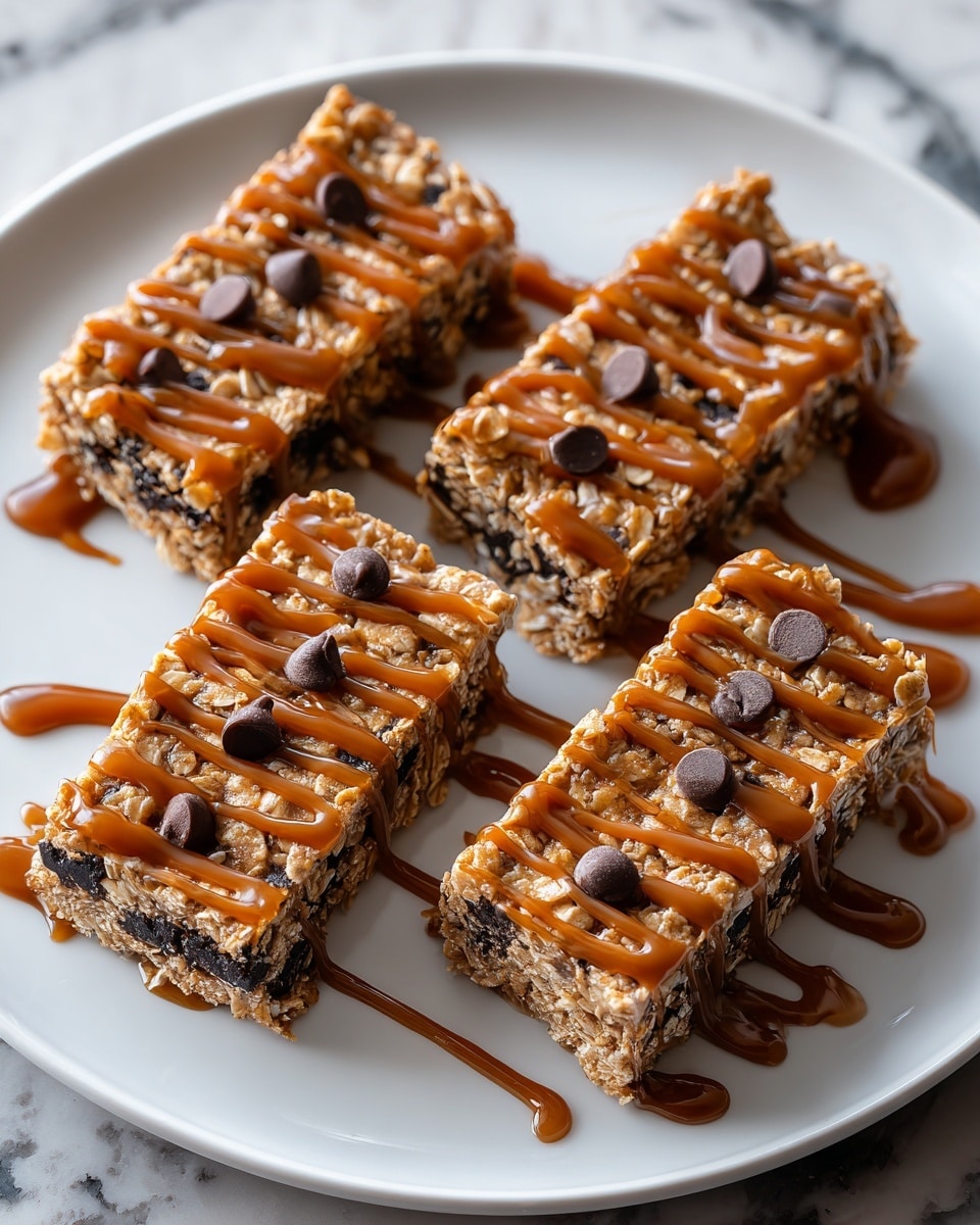 The image shows four rectangular oat bars arranged closely on a white plate, each bar having a dense texture with visible oats and chocolate chips throughout the layers. The bottom layer is slightly darker, holding the oats and chocolate chips together, while the top layer is lighter and textured. Golden caramel sauce is drizzled thickly over each bar in even lines, with some sauce pooling on the plate below them. Dark chocolate chips are scattered on top of and around the bars, adding contrast to the light oat colors. The plate sits on a white marbled surface with a soft focus background. photo taken with an iphone --ar 4:5 --v 7