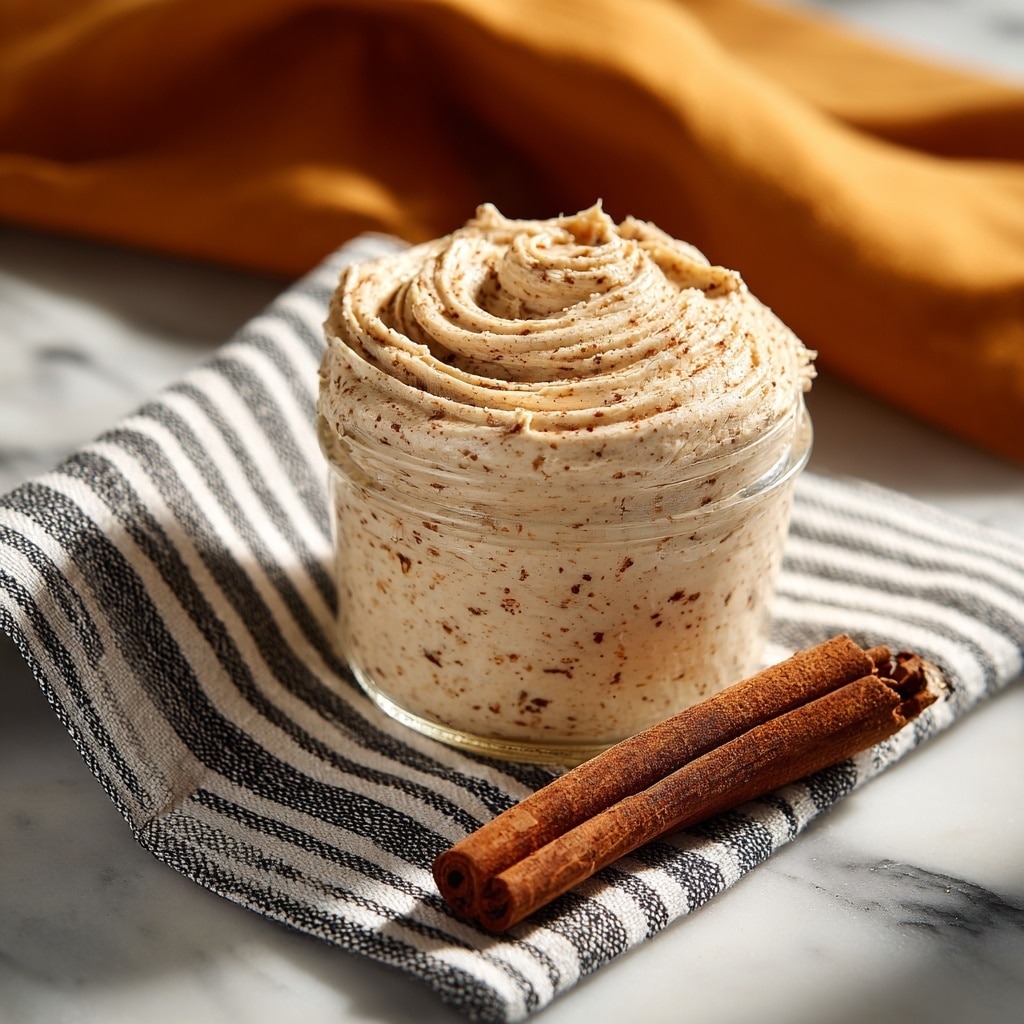A thick, creamy light tan butter spread is shown in a small clear glass jar, filled to the top with soft swirls and small brown cinnamon specks throughout. The jar sits on a black and white striped cloth placed on a white marbled surface. In front of the jar is a whole cinnamon stick, dark brown in color with a rough textured surface. The background is softly blurred, showing warm orange hues. photo taken with an iphone --ar 4:5 --v 7