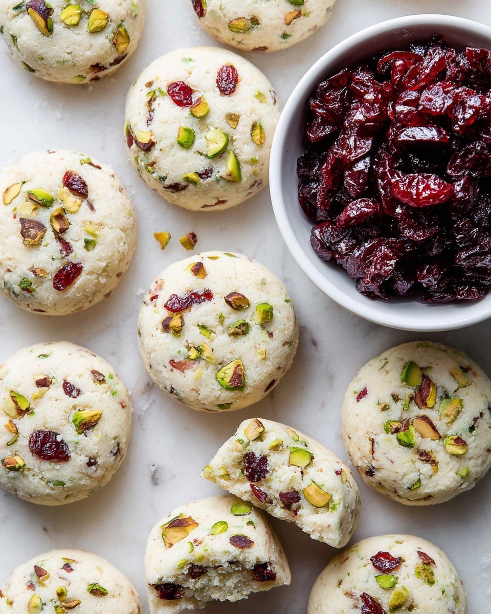 Several round, white cookies studded with small chunks of green pistachios and red dried cranberries cover a white marbled surface. The cookies have a soft, slightly crumbly texture with an even distribution of nuts and dried fruit inside. To the right, there is a white bowl filled with glossy, dark red dried cranberries, adding a rich contrast to the light cookies. The image shows the cookies closely arranged around the bowl, highlighting the mix of colors and textures. Photo taken with an iphone --ar 4:5 --v 7