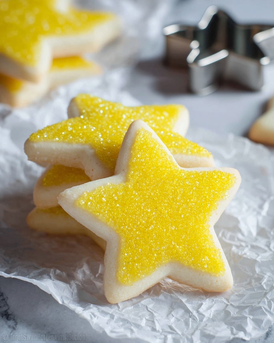 The image shows star-shaped cookies with two visible layers. The bottom layer is a soft white cookie base with a smooth texture. On top is a vividly yellow sugary layer that covers the center part of the star, spreading close to but not touching the edges, giving each cookie a bright and sparkly look. The cookies are stacked in a small pile on a crumpled piece of white paper, placed on a white marbled surface. In the background, there is a silver star-shaped cookie cutter partially visible and out of focus. Photo taken with an iphone --ar 4:5 --v 7