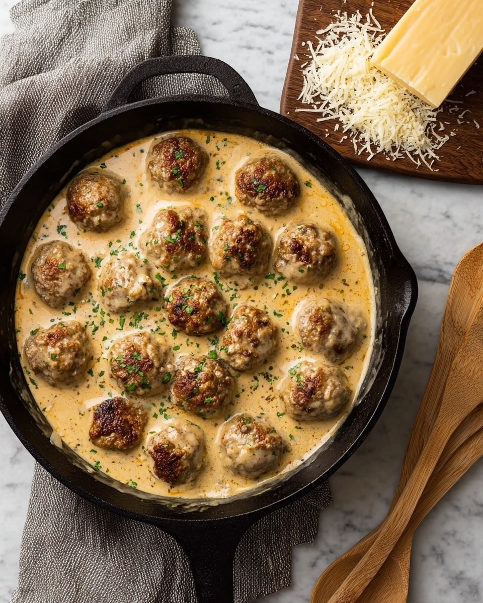 A black cast iron skillet filled with about fourteen browned meatballs sitting in a thick, creamy, light beige sauce. The sauce looks rich and smooth with bits of green herbs sprinkled on top for garnish. In the upper right corner, there is a wooden board with a chunk of pale yellow cheese and some cheese shavings on it. A wooden spoon and spatula rest on the right side of the skillet, all placed on a white marbled surface with a gray cloth napkin in the top left corner. Photo taken with an iphone --ar 4:5 --v 7