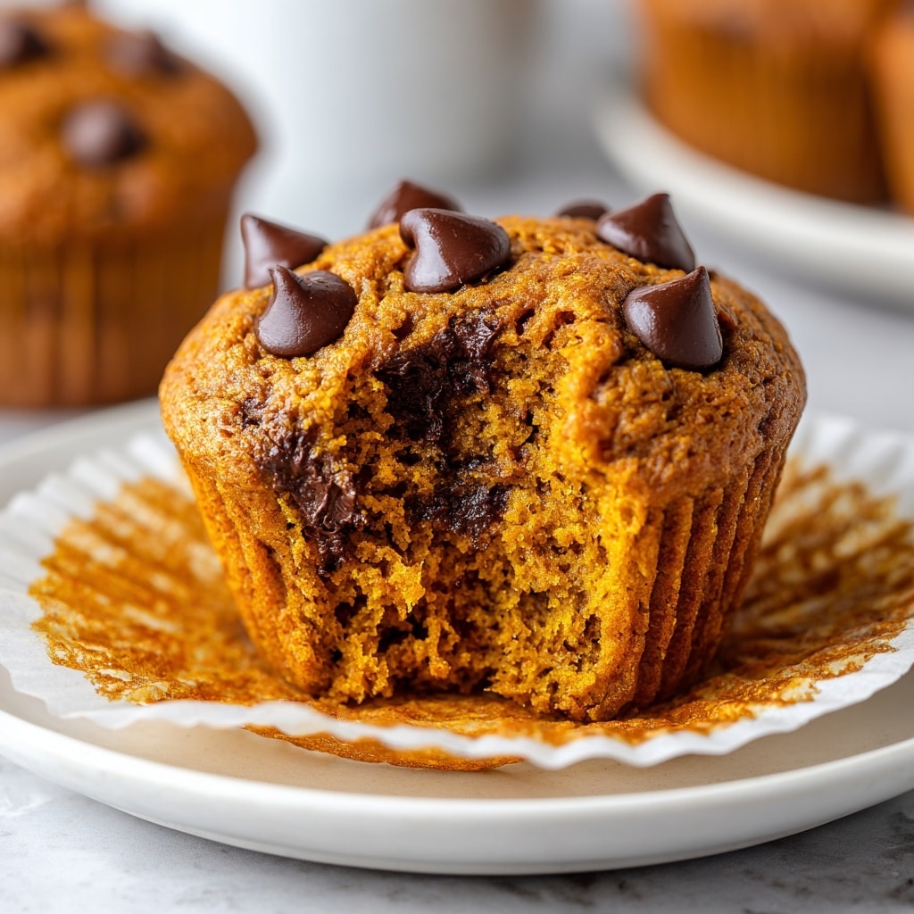 A single pumpkin muffin sits on a white paper liner inside a white plate, showing one bite missing from it. The muffin has a soft, moist texture with a warm orange-brown color typical of pumpkin, and it is studded with large, glossy dark chocolate chips that are slightly melted, giving a rich contrast. The background features a white marbled texture that is softly blurred, keeping focus on the muffin’s crumb and chocolate details. Photo taken with an iphone --ar 4:5 --v 7