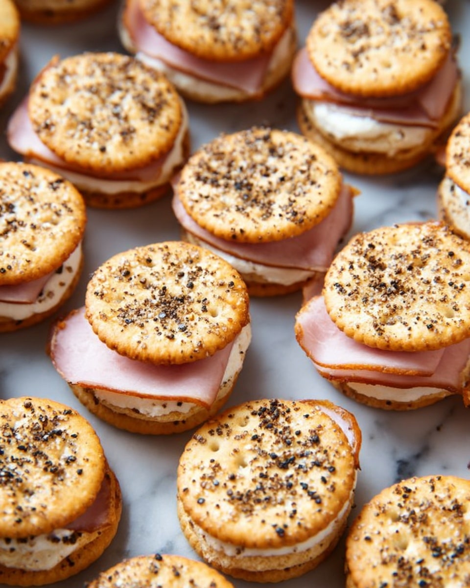 This image shows many mini sandwiches placed close together on a white marbled surface. Each sandwich has three layers: the top and bottom layers are small, round, golden-brown crackers sprinkled with black seeds and some burnt spots, giving a crunchy texture. The middle layer is made of a slice of light pink meat, resembling ham, folded neatly. Below the meat is a thick white layer of creamy cheese or spread visible peeking out from under the meat. The sandwiches look fresh and crispy, arranged evenly across the scene. photo taken with an iphone --ar 4:5 --v 7
