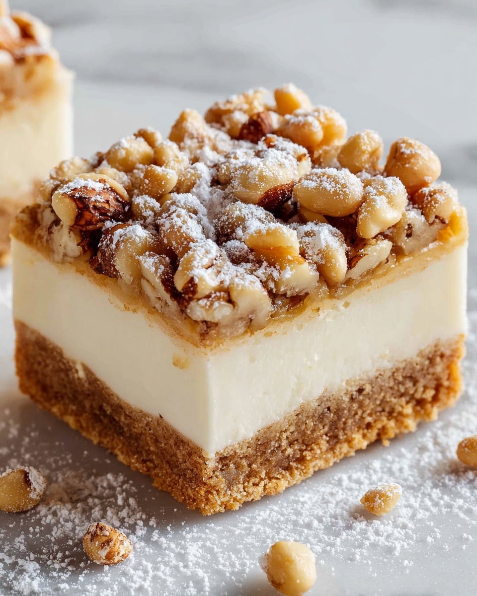 A square dessert bar with three distinct layers sits on a white marbled surface. The bottom layer is thick and crumbly with a light brown color and a slightly coarse texture. The middle layer is smooth and creamy, solid white, evenly thick and cleanly cut. The top layer is chunky and golden brown, studded with whole and broken pieces of nuts, giving it a rough and textured look, dusted lightly with white powdered sugar. Bits of powdered sugar also scatter around the bar on the surface. Photo taken with an iphone --ar 4:5 --v 7