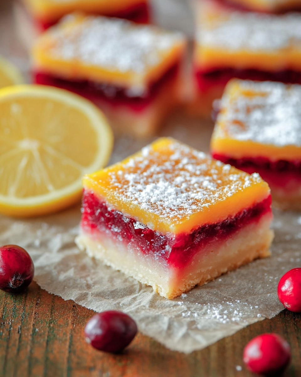 The image shows a stack of three square layered bars, each with four visible layers: a pale, crumbly base layer at the bottom, a thick bright red jam layer above it, followed by a smooth, glossy yellow lemon layer, and topped with a light dusting of powdered sugar. The bars have clean edges and a slightly shiny surface on the top layer. Around the stack, several fresh red cranberries and a halved lemon are placed on a brown wooden surface. The background consists of more cut bars blurred out, resting on the same surface dusted with powdered sugar. photo taken with an iphone --ar 4:5 --v 7