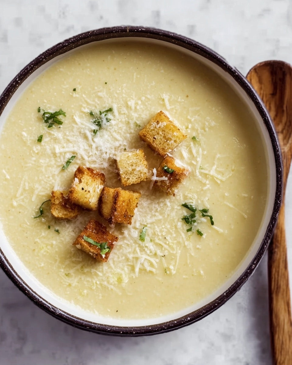 A bowl filled with creamy pale yellow soup with a smooth texture, topped with small golden brown croutons and a few green herb pieces scattered lightly on top. The bowl is white with a dark rim, set on a white marbled texture surface with a wooden spoon beside it. The soup looks thick and rich, with a fine dusting of grated white cheese lightly covering the surface. photo taken with an iphone --ar 4:5 --v 7