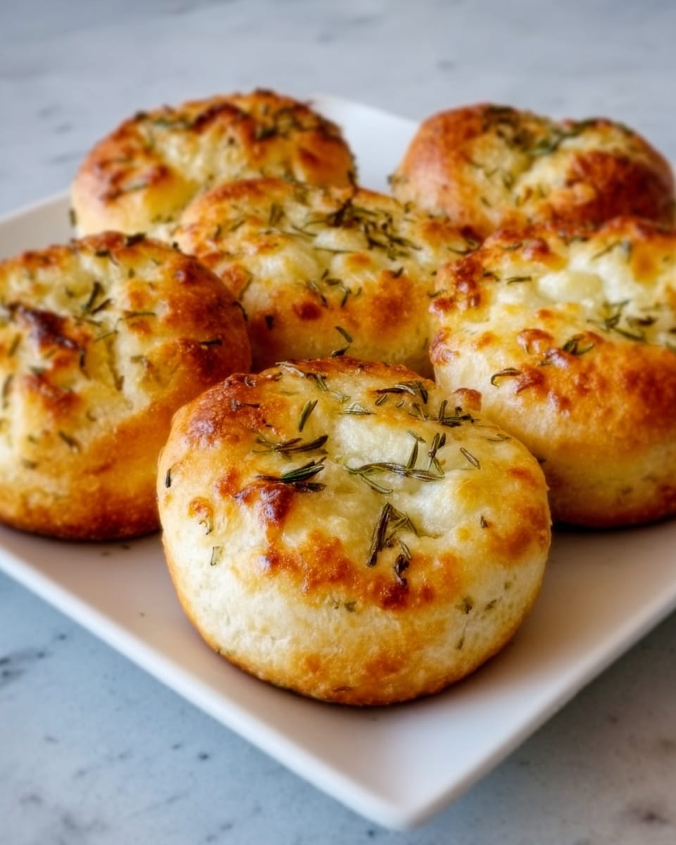 The image shows a close-up of six small round bread rolls arranged on a white square plate. Each roll has a golden brown crust with a slightly shiny surface, dotted with small melted cheese patches that are light yellow and slightly crispy. On top of each roll, there are thin green herb sprigs, scattered evenly, adding texture and color contrast. The rolls have a soft, fluffy look with some small cracks on the crust. The plate rests on a white marbled surface, giving a clean and bright background. The photo taken with an iphone --ar 4:5 --v 7