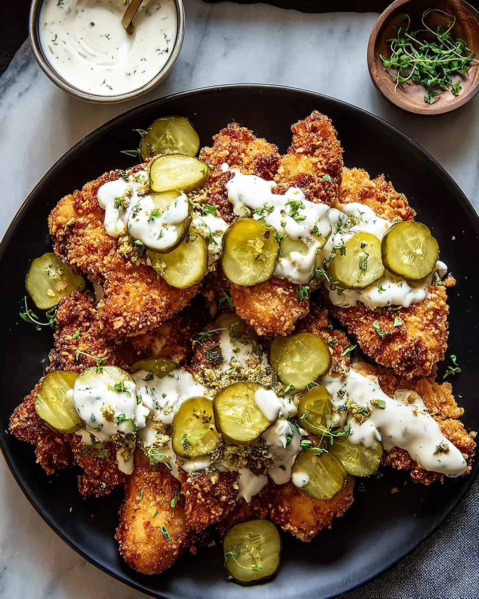 A black plate stacked with several pieces of golden brown crispy fried chicken, each piece coated with a crunchy breadcrumb layer, topped with thinly sliced green pickles scattered unevenly. White creamy sauce with green herb bits is drizzled generously over the chicken and pickles, adding a fresh texture. Small green herb sprigs are sprinkled on top for garnish. The plate is set on a white marbled surface with a small bowl of similar white sauce placed nearby, slightly visible in the top corner. photo taken with an iphone --ar 4:5 --v 7