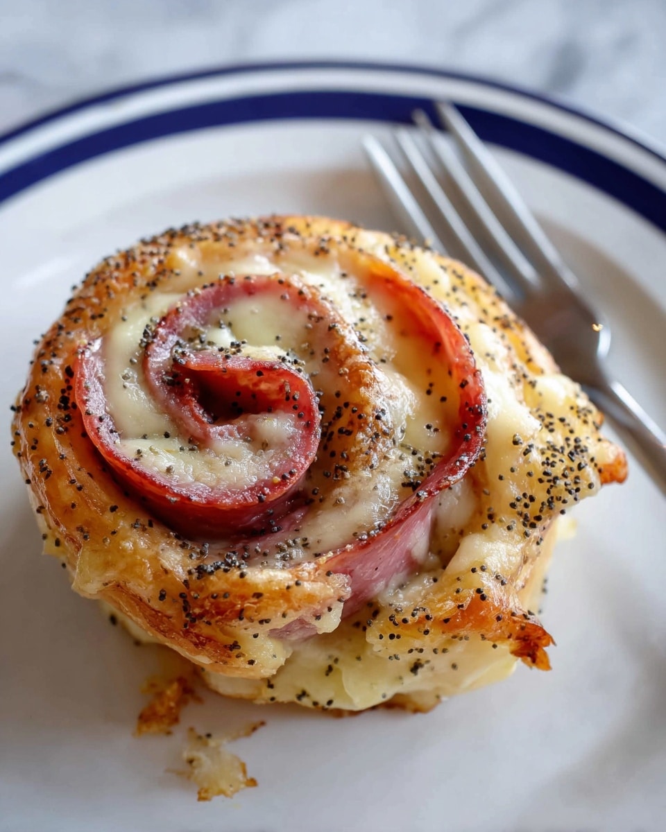 A small rolled pastry with three visible layers: the outer golden brown crust sprinkled with black poppy seeds, the middle layer of melted creamy white cheese slightly browned on top, and the inner layer of thin pinkish-red ham slices, all arranged like a rose. The pastry sits on a white plate with a blue rim, and a silver fork is placed near the top right of the plate. The background is a white marbled texture. Photo taken with an iphone --ar 4:5 --v 7