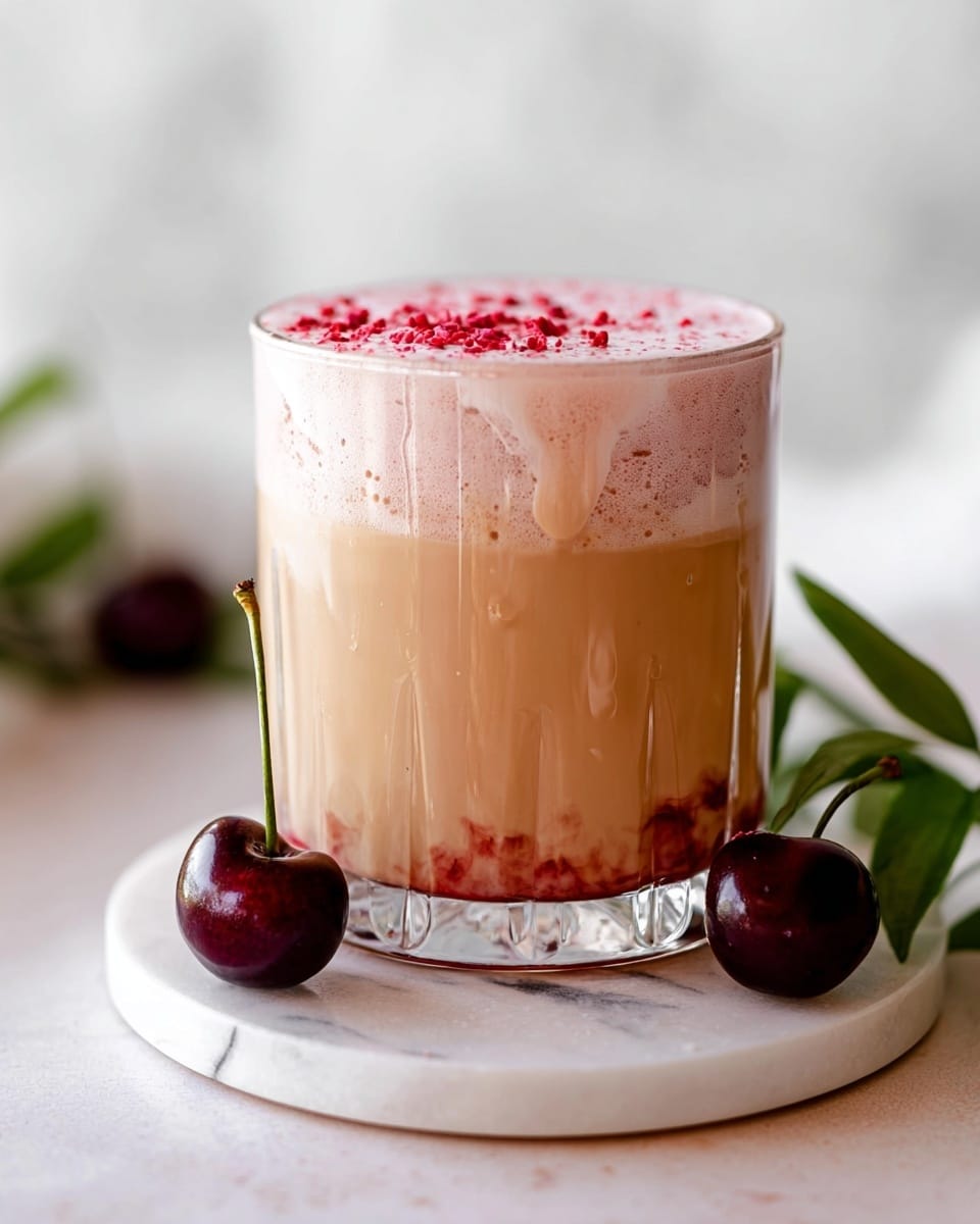 A clear glass filled with three visible layers: the bottom layer is a light tan liquid, the middle layer is a slightly lighter tan, and the top layer is a thick light pink foam with small red crumbles sprinkled over it. The glass shows some of the tan liquid running down the sides inside. It sits on a round white marble coaster on a white marbled surface. There are two dark red cherries close to the glass, one in front and one slightly behind, with green leaves to the right side. The background is softly blurred and light. photo taken with an iphone --ar 4:5 --v 7
