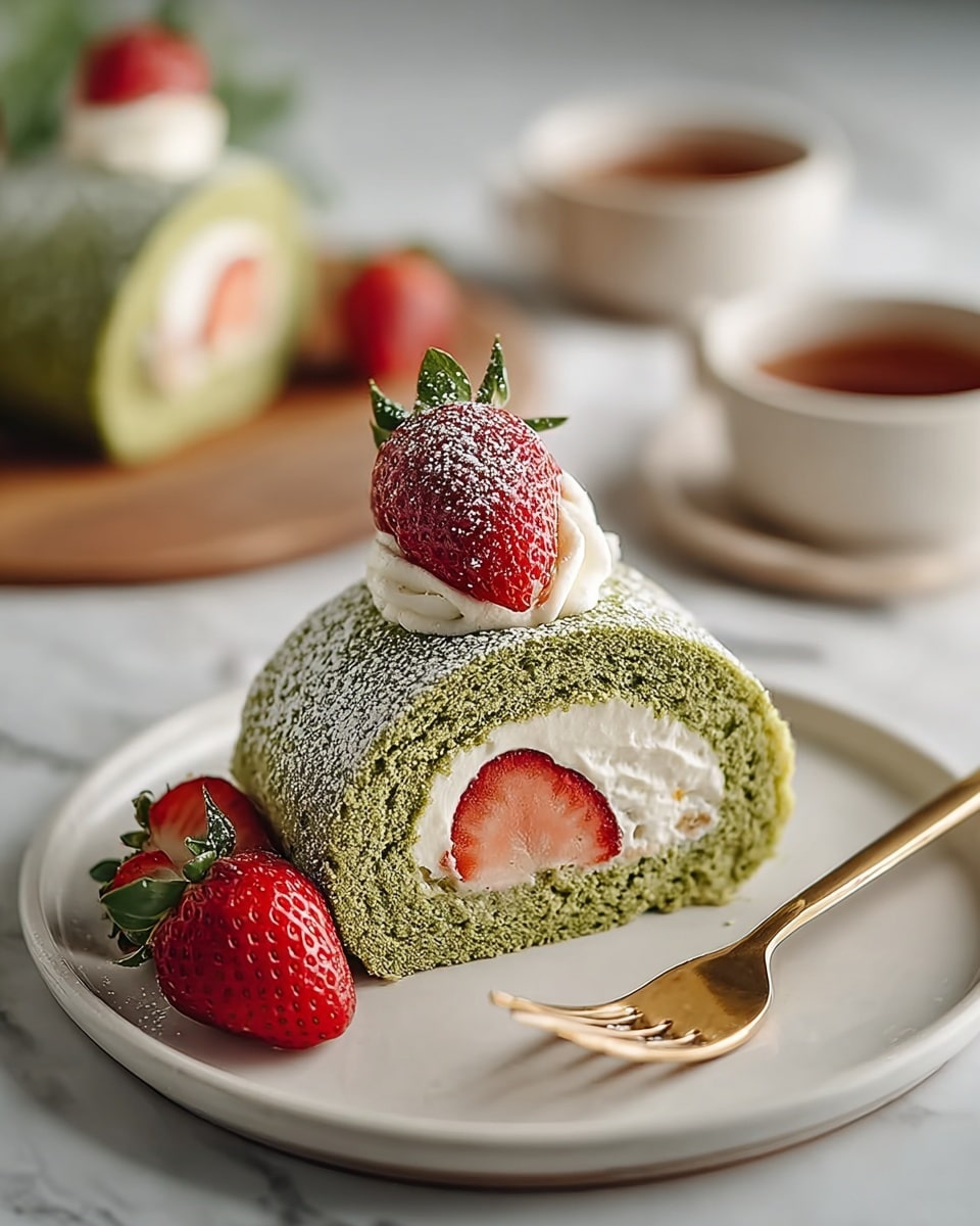 A green matcha roll cake slice sits centered on a white plate, showing three layers: a soft, spongy green outer layer, a thick white cream filling inside, and a fresh red strawberry embedded in the cream. On top of the cake slice is a dollop of white cream with a red strawberry dusted lightly with powdered sugar. Around the plate are a few more strawberries and a gold fork to the right of the cake. The plate rests on a white marbled surface with another similar cake and cups with brown liquid blurred in the background. photo taken with an iphone --ar 4:5 --v 7