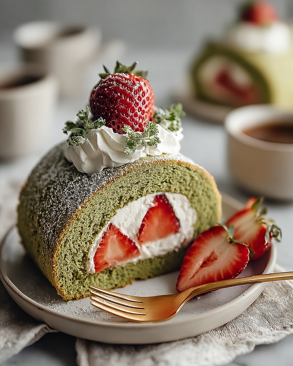 A slice of green cake roll sits on a white plate with a soft texture. There are three main layers: the outer green sponge cake, a thick white cream layer inside, and two red strawberry pieces embedded in the cream layer. On top of the cake roll, there is a dollop of white whipped cream, topped with a whole red strawberry and small green herb leaves. Two strawberry halves are placed next to the cake on the plate, which is on a light fabric with a white marbled surface underneath. A golden fork rests beside the cake slice. In the blurred background, there is another slice of the green cake roll and some cups. Photo taken with an iphone --ar 4:5 --v 7
