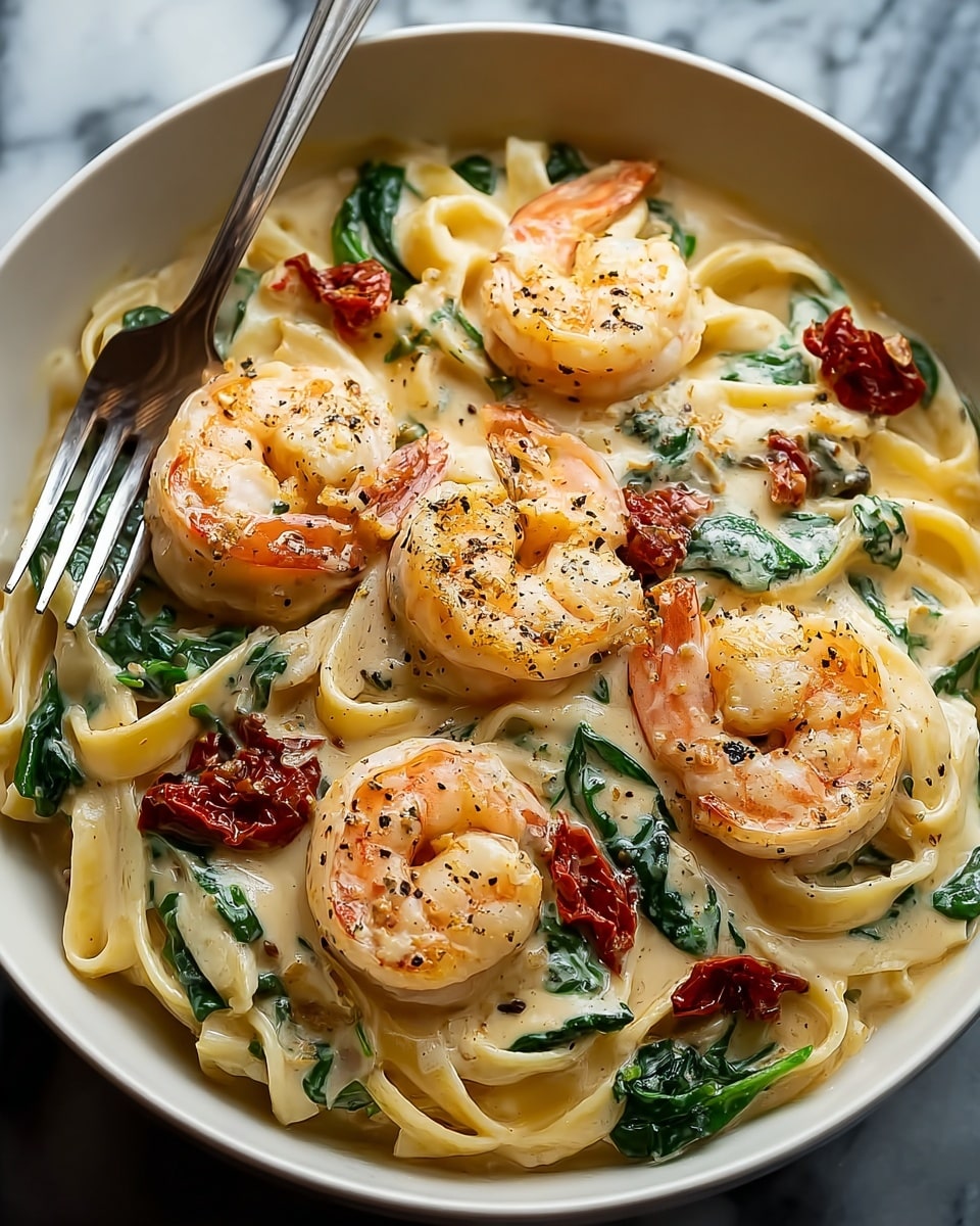 A bowl filled with creamy white fettuccine pasta coated in a rich light beige sauce. On top, there are seven large shrimp with pink and white colors, slightly curled and sprinkled with black pepper. Scattered around the shrimp are dark green spinach leaves and small pieces of deep red sun-dried tomatoes. A silver fork rests on the left side of the bowl. The bowl is white and placed on a surface with a white marbled texture. photo taken with an iphone --ar 4:5 --v 7