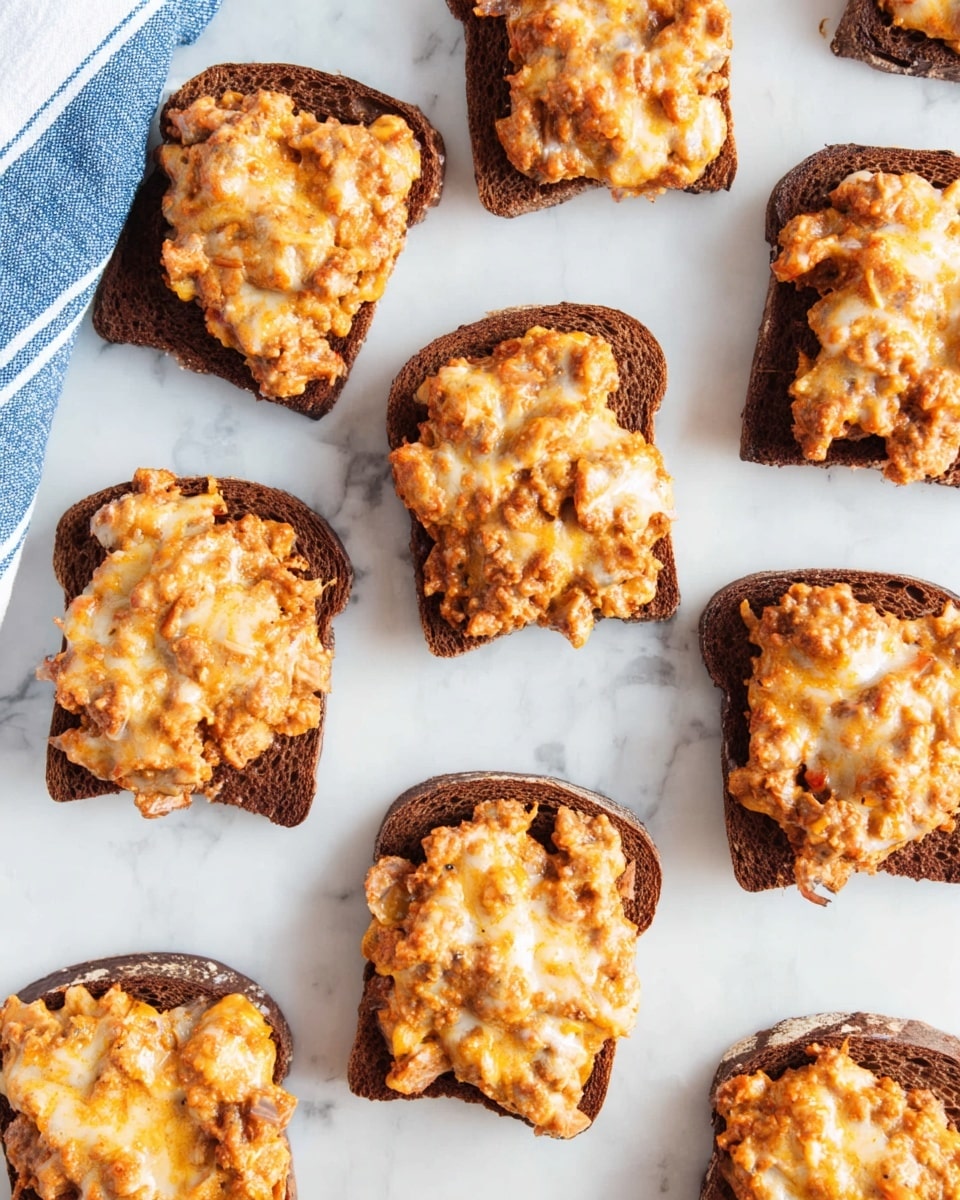 Nine open-faced sandwiches are spread out on a white marbled surface, each made with one slice of dark brown bread as the base. On top of each slice is a thick, uneven layer of a creamy, melted mixture that is orange and light brown with visible chunks, suggesting cheese and meat combined. The cheese has a slightly browned, bubbly texture that looks freshly baked. The sandwiches are arranged close together but not touching, and a blue and white striped cloth is visible at the top left corner. Photo taken with an iphone --ar 4:5 --v 7