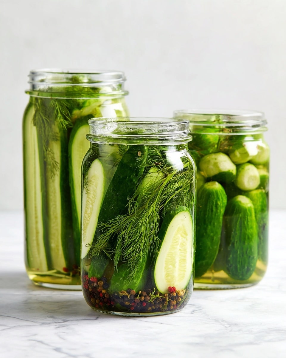Three glass jars filled with pickles are placed on a white marbled surface against a light background. The jar in front contains several layers: at the bottom, dark peppercorns and small red spices, above them bright green dill leaves, then thick slices of cucumber with pale green centers and dark green edges, all filled with clear pickling liquid. The jar on the left has long cucumber spears standing upright, showing bright and dark green stripes. The jar on the right contains small whole cucumbers with dill and some peppercorns floating at the top, filled with clear liquid. photo taken with an iphone --ar 4:5 --v 7