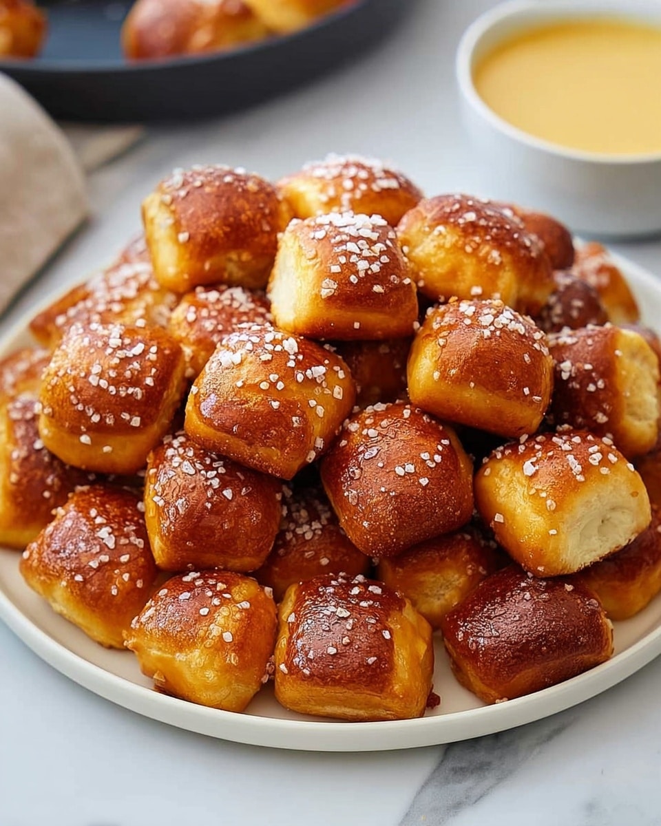 A white plate piled high with many small, golden-brown pretzel bites, each showing a shiny, smooth surface with a sprinkle of coarse salt crystals on top. The pretzel bites are slightly rounded cubes with a rich, warm color gradient from dark golden on the edges to lighter tan on the sides, giving a soft and fluffy look inside. The plate sits on a white marbled surface with parts of a dark round pan and a white bowl with a yellow dipping sauce blurred in the background. photo taken with an iphone --ar 4:5 --v 7