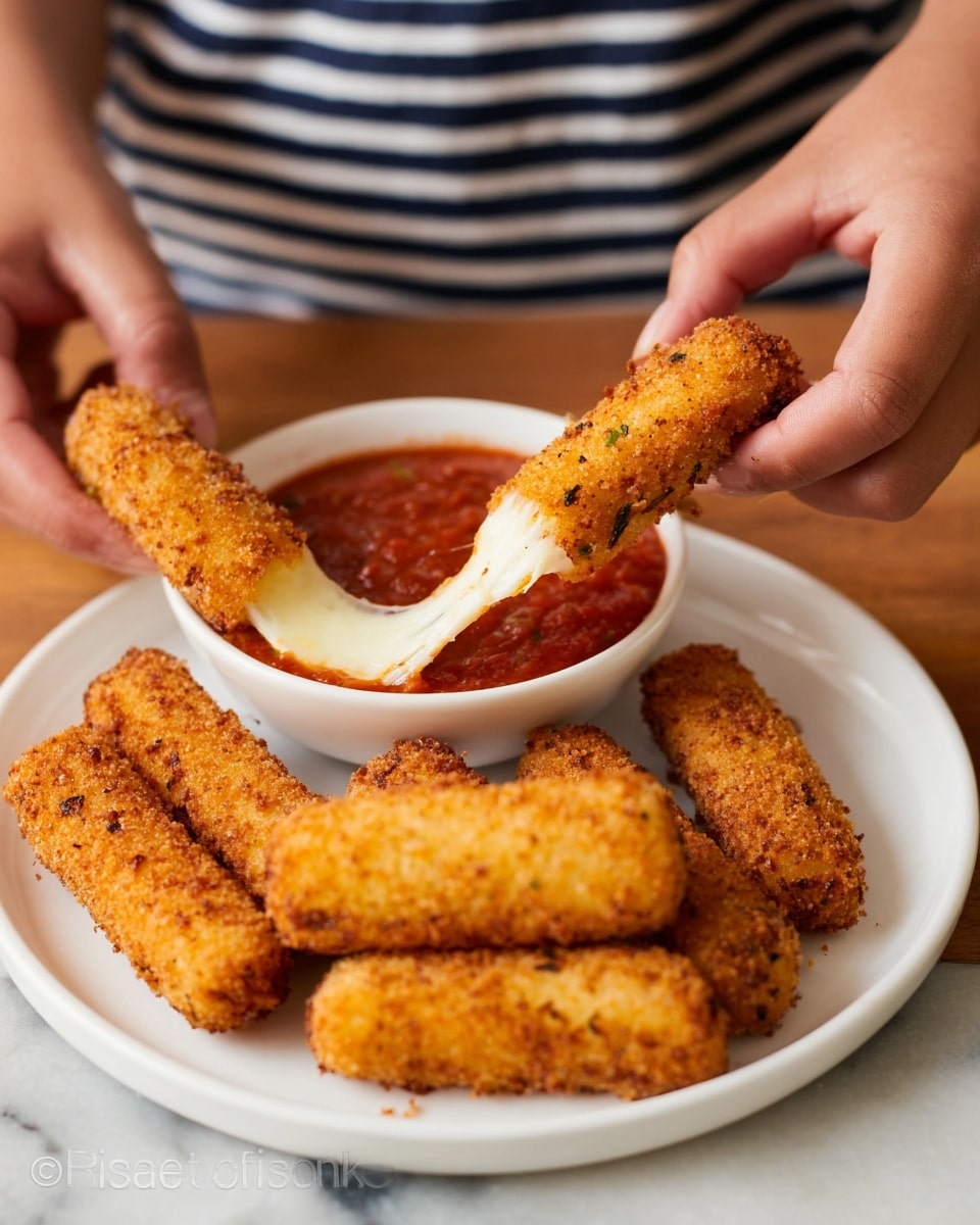 A white plate holds six golden-brown breaded mozzarella sticks with a crispy texture. In the center behind the sticks, there is a white bowl filled with chunky red marinara sauce. Two woman's hands are pulling apart one mozzarella stick, stretching melted white cheese between the two separated pieces. The scene is set on a white marbled surface, and the background shows a person wearing a striped shirt. photo taken with an iphone --ar 4:5 --v 7