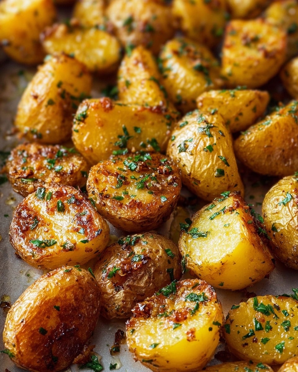 The image shows many roasted golden-brown potato pieces, each cut into halves or quarters, with crispy skins and soft yellow insides visible. The potatoes are sprinkled with finely chopped fresh green herbs and small bits of browned garlic or seasoning, creating a textured, appetizing look. They are placed closely together in a tray, with some parts shiny from oil. The white marbled texture under the tray is barely visible at the edges. photo taken with an iphone --ar 4:5 --v 7