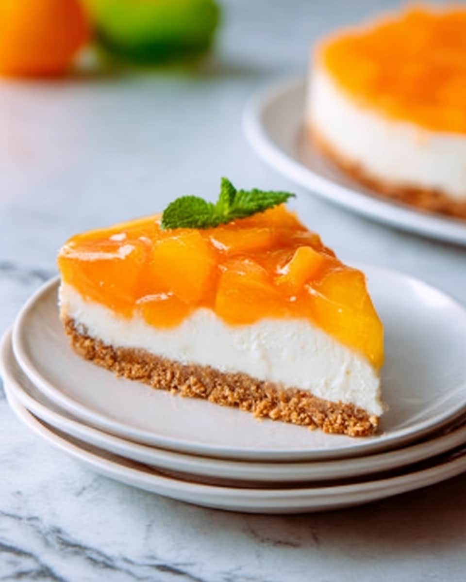 A single slice of cheesecake is placed on a white plate with a simple, clean design, stacked on top of two other identical white plates. The cheesecake has three visible layers: a light brown, crumbly crust at the bottom, a thick and smooth creamy white filling in the middle, and a translucent bright orange jelly-like topping with small pieces of orange fruit inside. A small green mint leaf sits on top of the jelly layer for decoration. The scene is set on a white marbled surface, with a blurry background that shows a hint of green and orange colors. Photo taken with an iphone --ar 4:5 --v 7