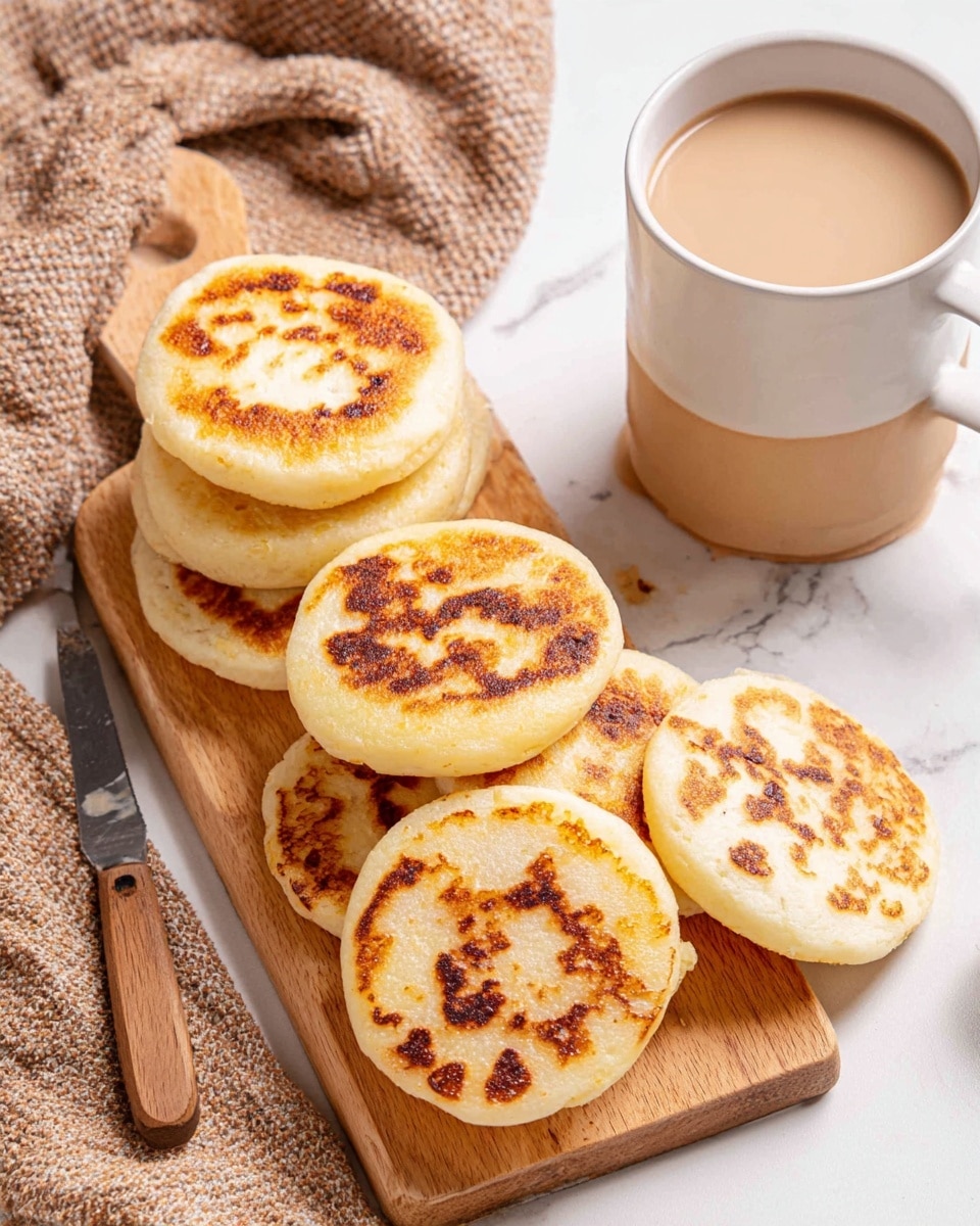 The image shows six small, round, golden-brown arepas stacked in two messy layers on a wooden board, with some parts showing crispy, darker brown spots and others soft and creamy pale yellow. To the right of the board, there is a white ceramic mug with two shades of pale beige filled with light brown liquid, and a butter knife with a small piece of butter on its tip rests beside the board. In the top left corner, a folded textured light brown cloth adds a warm contrast on a white marbled surface. Photo taken with an iphone --ar 4:5 --v 7