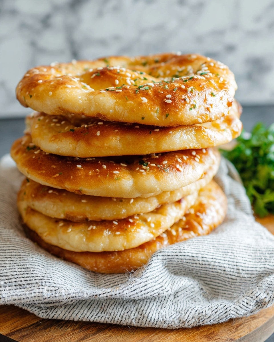 A stack of five round, golden brown flatbreads with a shiny surface sprinkled with light sesame seeds rests on a white and gray striped cloth, which is placed on a wooden board. Each flatbread has a slightly uneven texture with small bumps and a soft, thick edge, showing a baked, glossy finish. Green herbs are slightly blurred in the background, all set against a white marbled texture. photo taken with an iphone --ar 4:5 --v 7