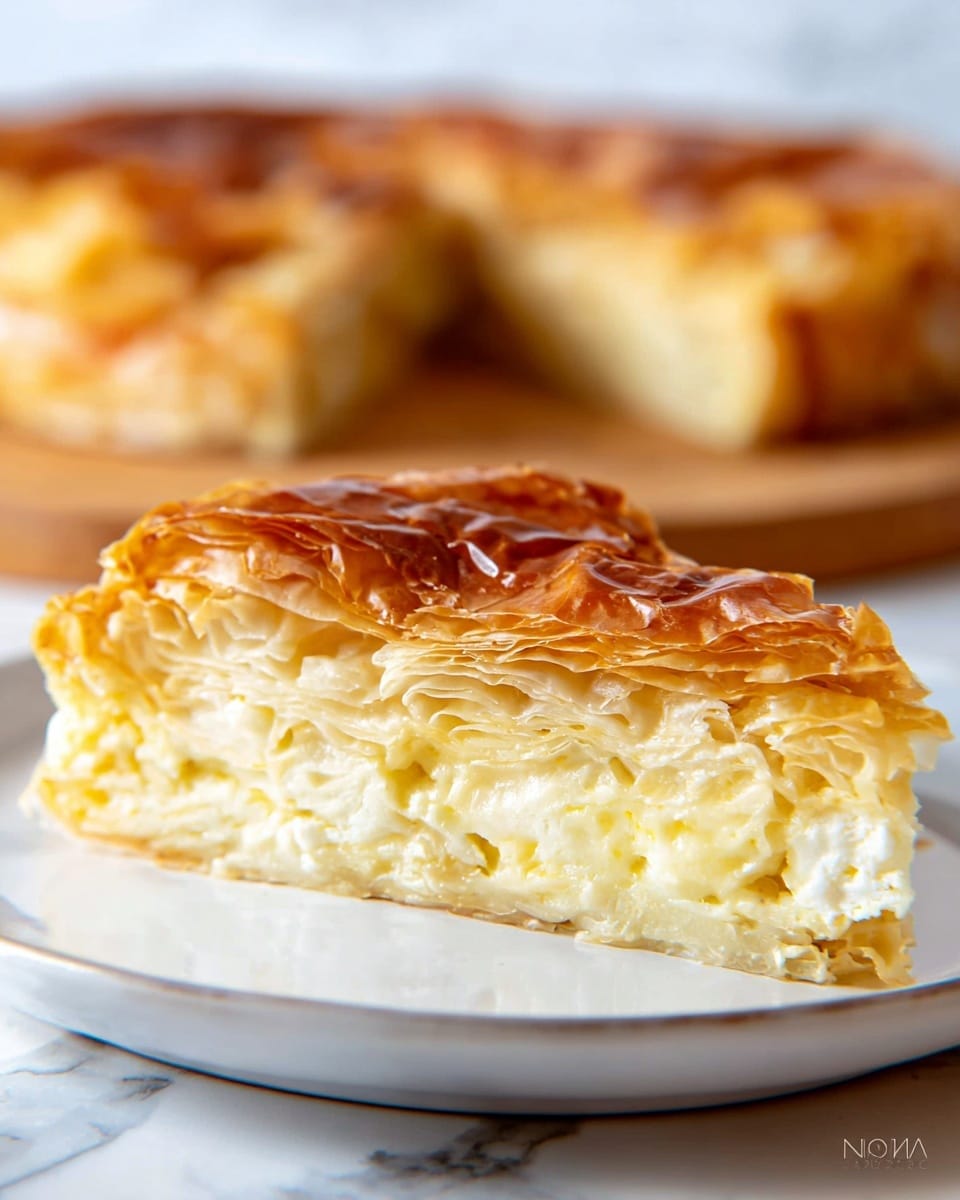 A close-up view of a creamy, layered filo pastry pie slice on a white plate, showing at least three layers of thin, light yellow pastry with melted cheese filling in between. The top layer is golden brown and slightly crisp with a shiny, flaky texture. The inside layers look soft and creamy with a pale yellow color and small buttery pockets. In the background, the remaining pie sits blurred on a wooden board, highlighting the contrast between the cooked golden top and the creamy filling inside, all set on a white marbled surface. photo taken with an iphone --ar 4:5 --v 7