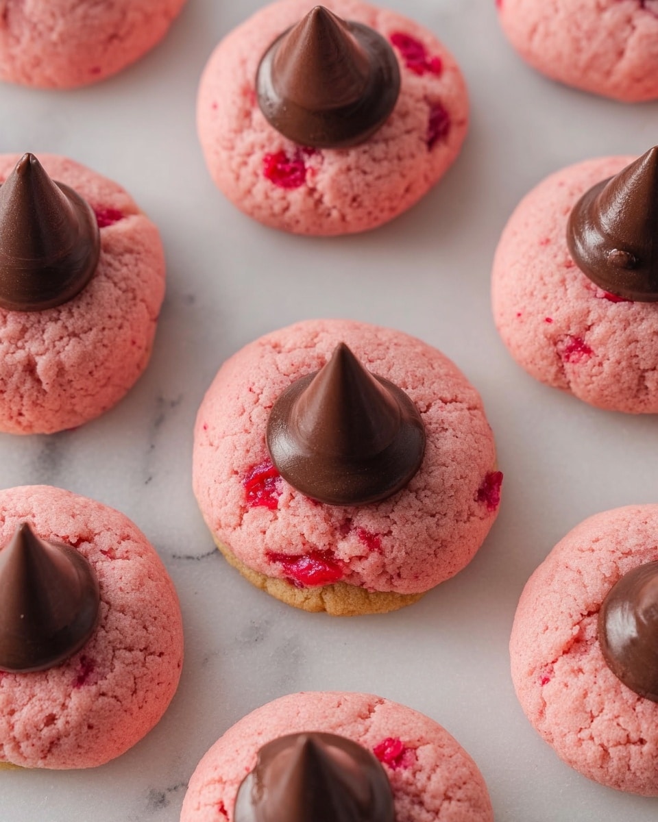 The image shows several round cookies with a soft pink color and a slightly rough texture, mixed with small pieces of red fruit embedded throughout. Each cookie has a golden brown bottom layer visible beneath the pink top layer. On the center of each cookie, there is a cone-shaped dollop of smooth, dark chocolate that stands out against the pink. The cookies are placed on a white marbled surface with soft shadows, arranged loosely with some overlapping edges. The overall look is inviting with a balance of bright pink and dark brown colors. photo taken with an iphone --ar 4:5 --v 7