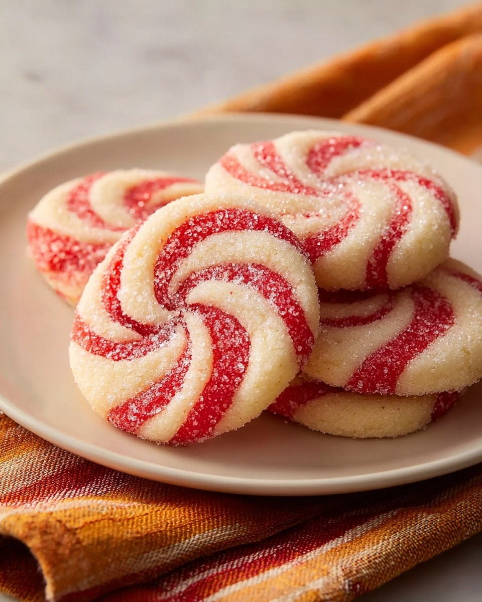 A white plate holds a stack of four round, swirled cookies. Each cookie has two colors twisted together: creamy white and bright red, with a sugary texture covering the surface. The red swirls wrap evenly in a spiral pattern on top of a soft, lightly textured white base. The cookies rest on a folded cloth with warm orange and beige stripes. The background is a white marbled texture, giving a clean and simple look. photo taken with an iphone --ar 4:5 --v 7