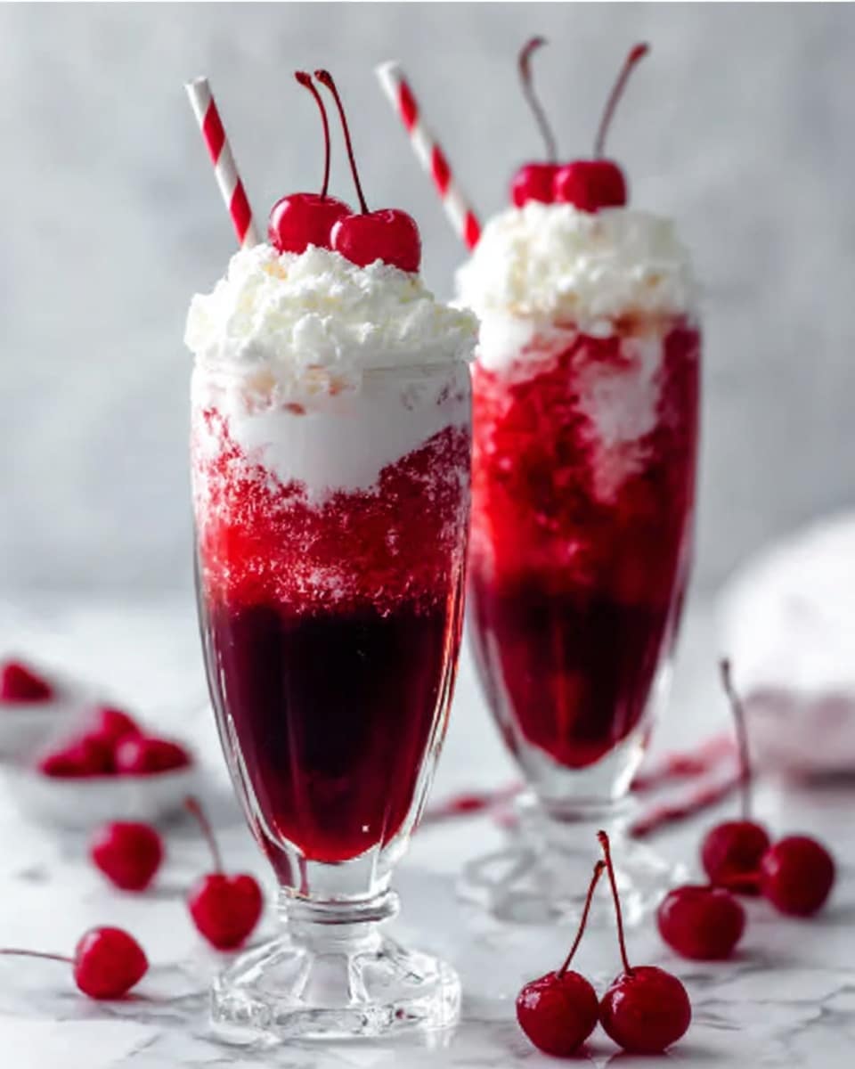 Two tall clear glasses on a white marbled surface, each glass filled with three visible layers: a deep red syrupy layer at the bottom, a bright red icy slush middle layer, and a thick white whipped cream layer overflowing down the sides at the top. Each glass is topped with a bright red cherry with a stem and a red and white striped straw popping out beside the cherry. More red cherries are scattered on the white marbled surface around the glasses. The background is softly blurred and white, emphasizing the vibrant red and white colors in the drinks. photo taken with an iphone --ar 4:5 --v 7