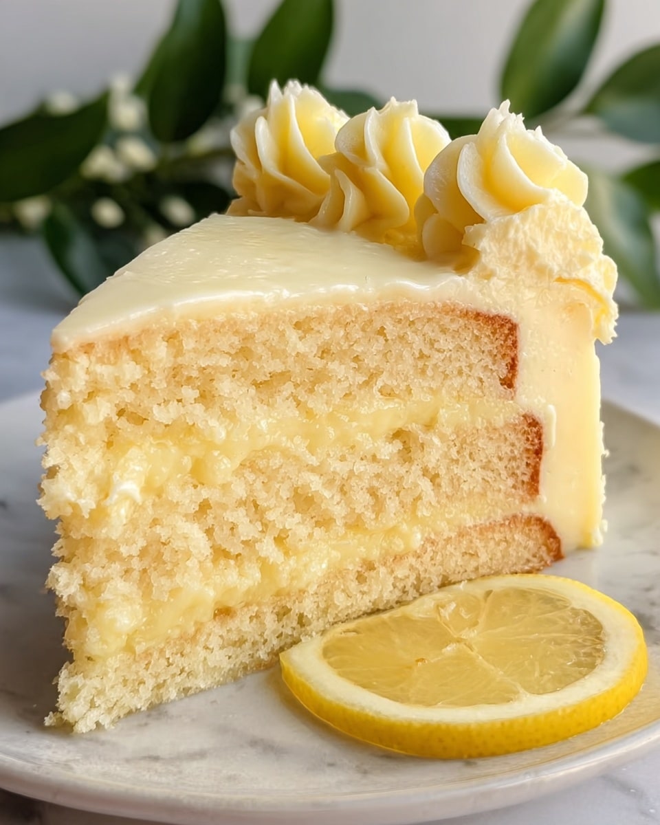 A close-up of a two-layer lemon cake slice on a white plate with a white marbled texture beneath it, showing soft, light yellow cake layers separated by a thick, creamy, pale yellow lemon filling. The top layer is covered with smooth, light yellow frosting, decorated with piped swirls along the edge. A half lemon slice is placed on the plate next to the cake. The background is blurred green leaves. Photo taken with an iphone --ar 4:5 --v 7