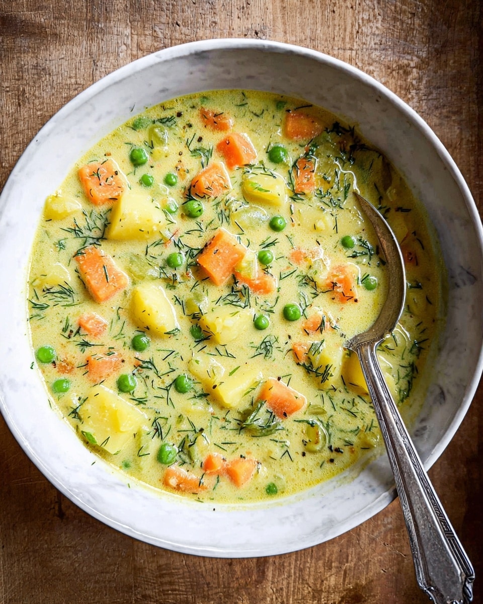 A bowl of creamy soup with visible chunks of orange carrots, yellow potatoes, and green peas scattered throughout a light green, herb-filled broth. The soup is served in a white bowl, with a silver spoon resting inside. The herbs, likely dill, float on top and mix with the smooth texture of the soup. The bowl is placed on a wooden surface but for the image, it should be depicted on a white marbled texture. Photo taken with an iphone --ar 4:5 --v 7