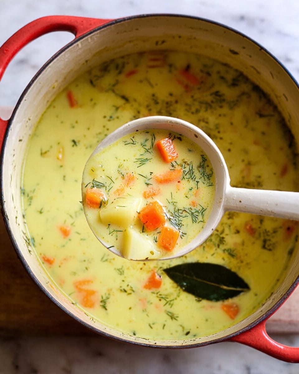 A white pot with a red handle is filled with creamy yellow soup that has small cubes of orange carrots and pale yellow potatoes floating in it. The soup is speckled with fine green dill and herbs, with a dark green bay leaf resting near the bottom. A white ladle with some soup inside is held over the pot. The pot sits on a white marbled surface. photo taken with an iphone --ar 4:5 --v 7