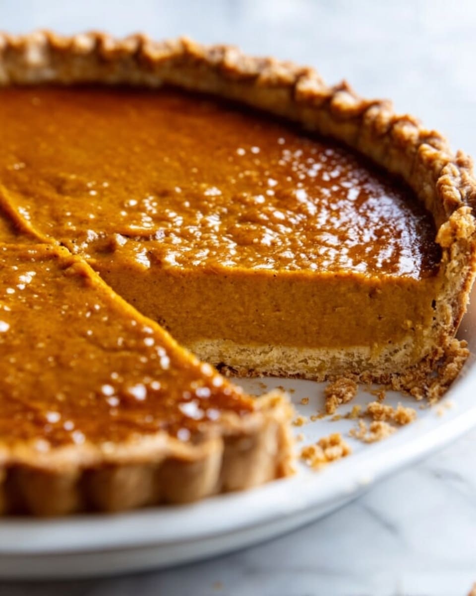 A close-up image of a pumpkin pie with one slice removed, showing three clear layers: a golden brown flaky crust on the bottom and sides, a thick smooth orange pumpkin filling in the middle, and a shiny light brown top with a slightly caramelized texture. The pie is on a white plate with the edges of the crust slightly crimped. The background is a white marbled surface with some crumbs scattered near the pie. Photo taken with an iphone --ar 4:5 --v 7